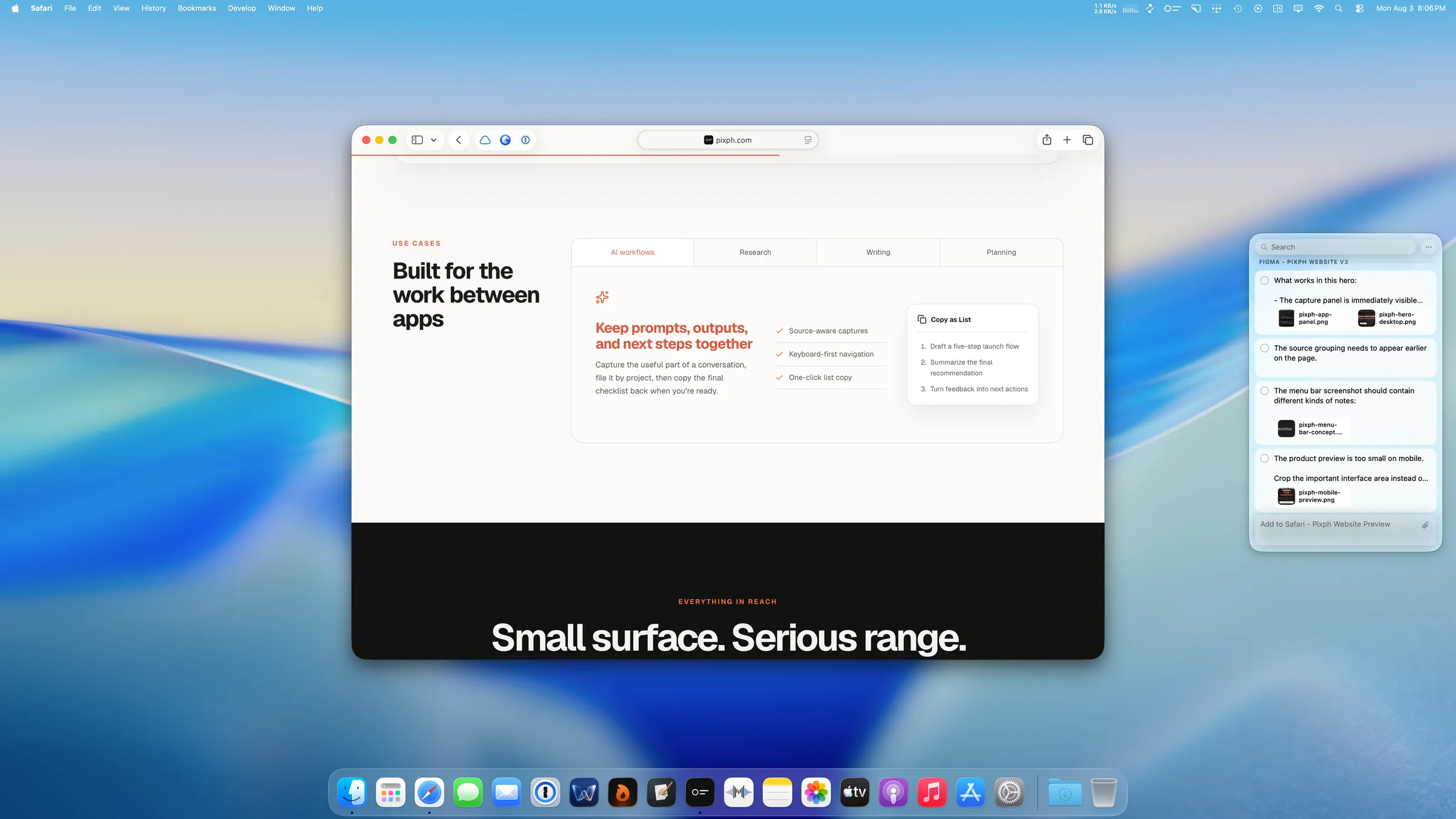 A macOS desktop with the Pixph panel and a browser window, capturing text from the page in front