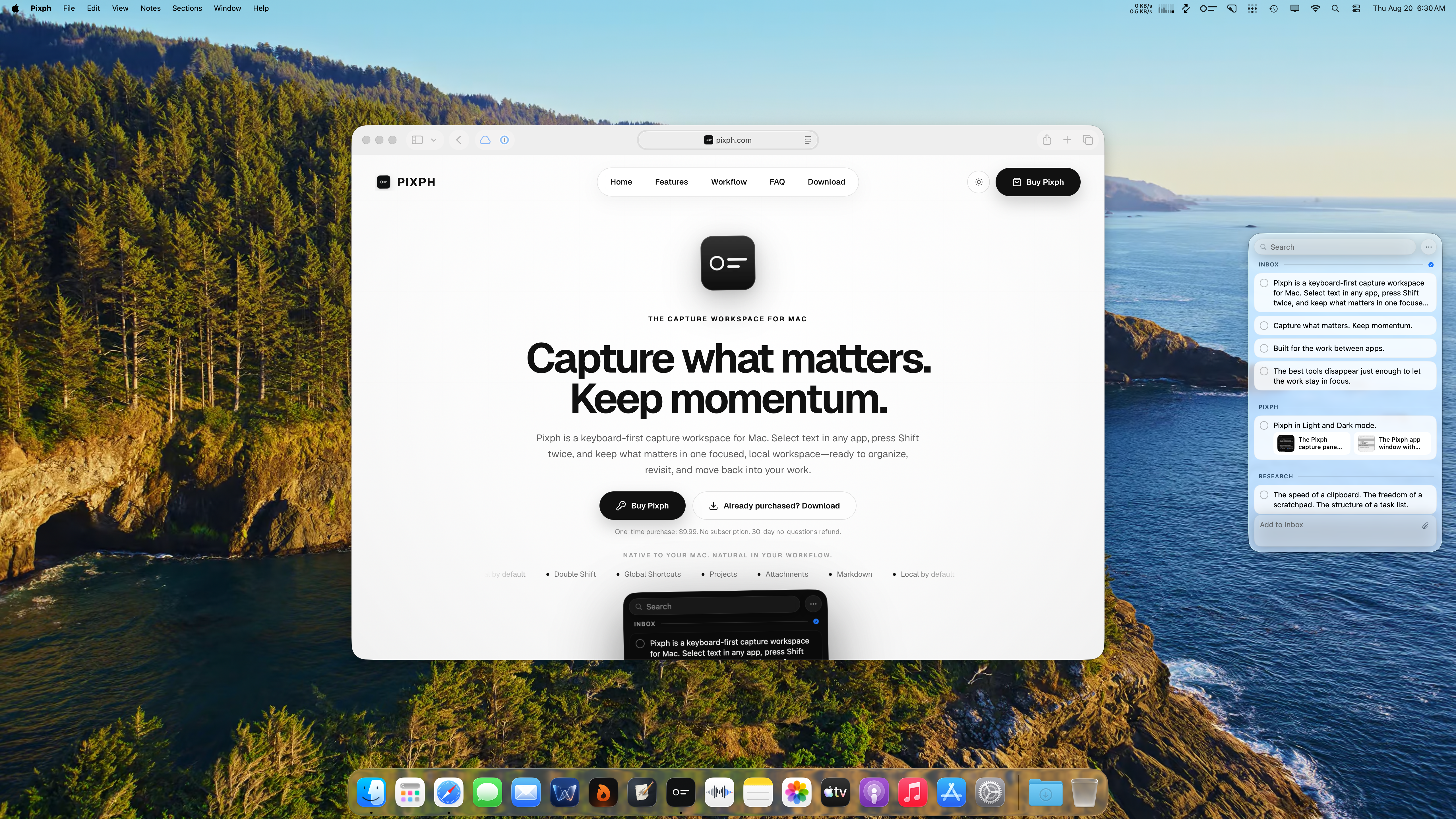 Pixph desktop screenshot with the capture workspace open over a Mac desktop
