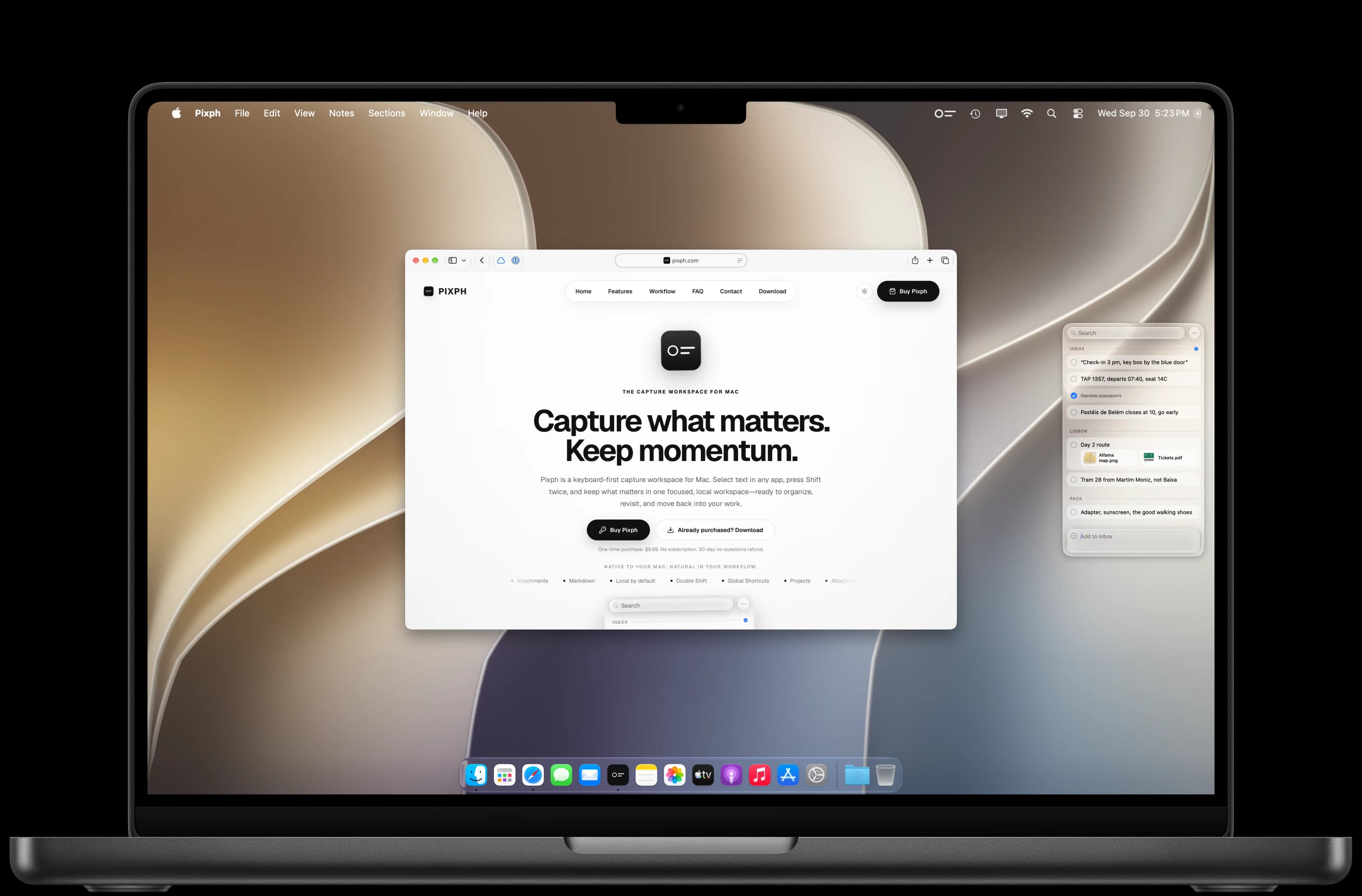 A space black MacBook Pro displaying the Pixph website and capture panel
