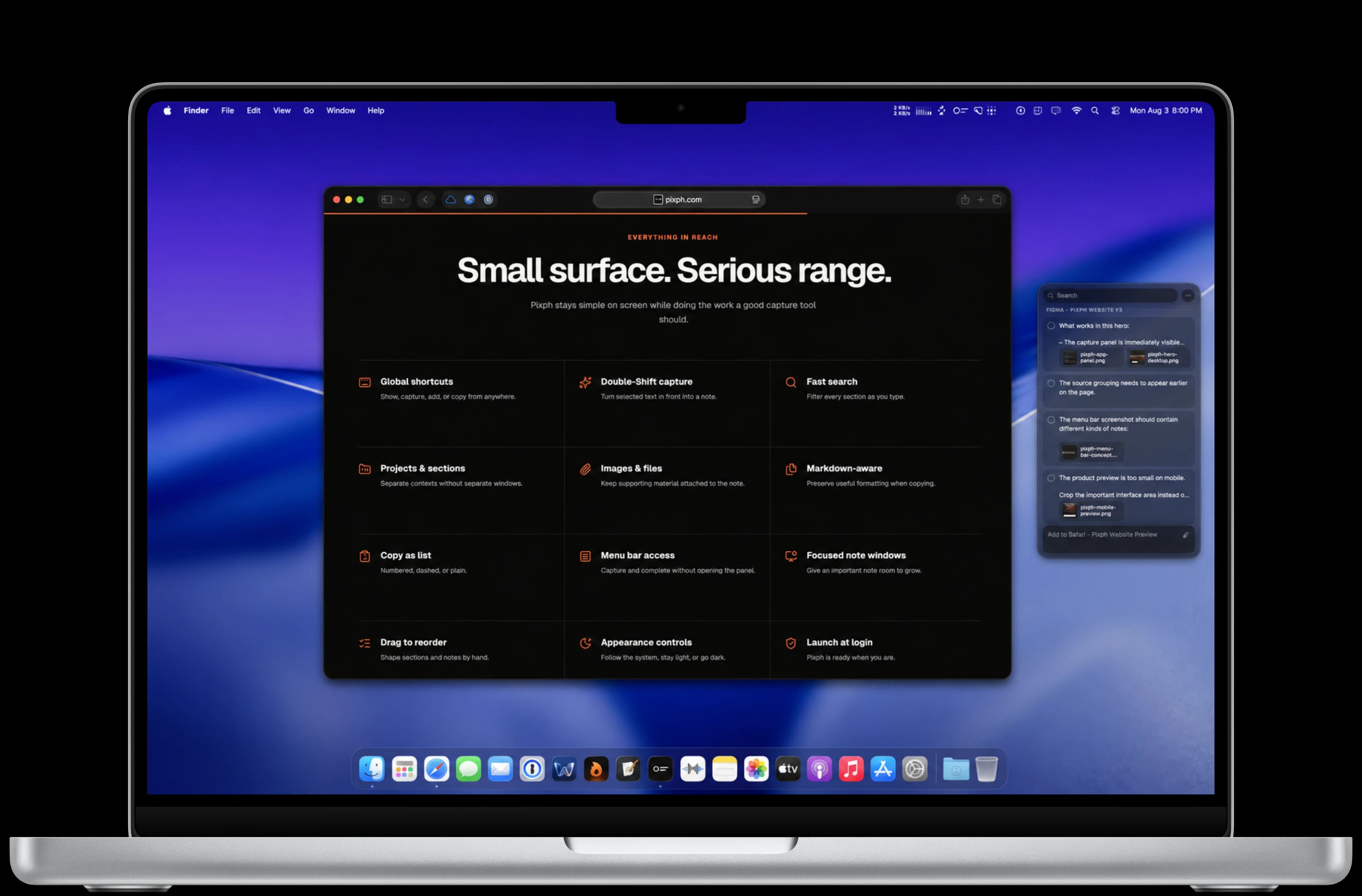 A silver MacBook Pro displaying the Pixph website and capture panel