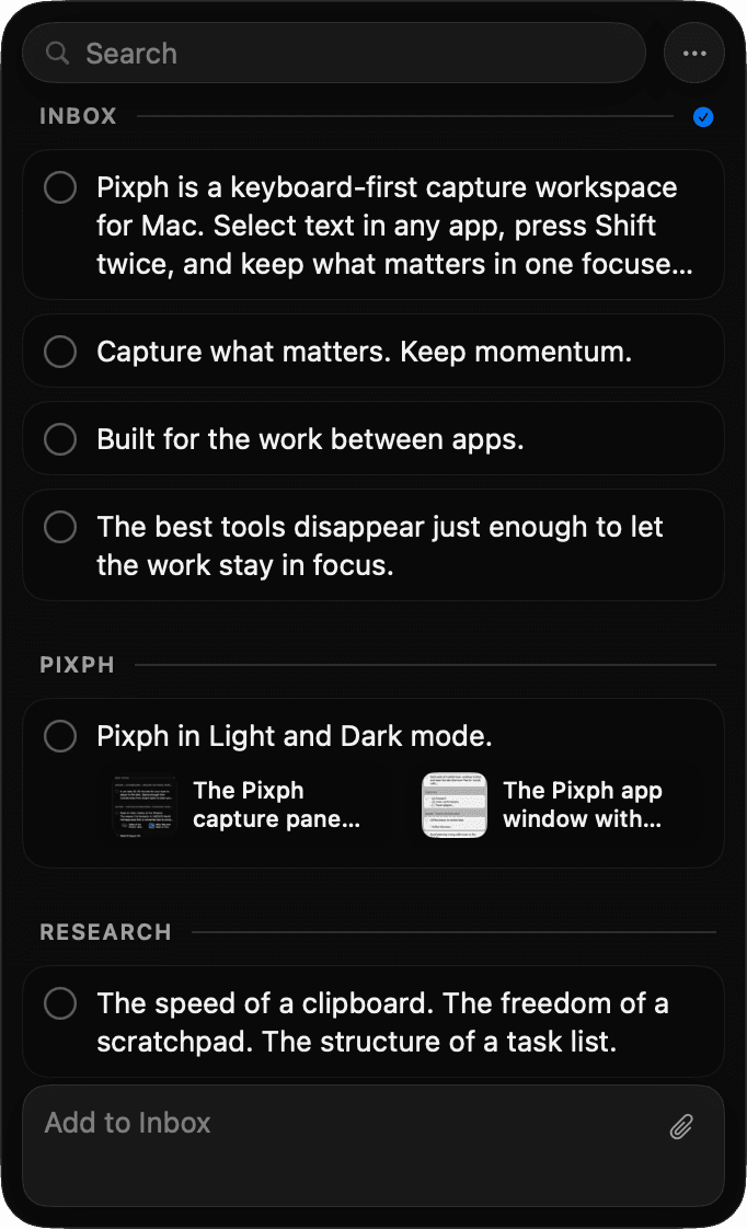 The Pixph capture panel showing captured notes and their source labels