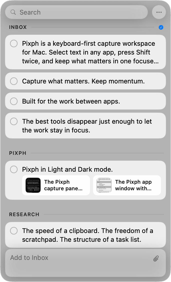 The Pixph app window with notes, attachments, and the Add to Launch composer