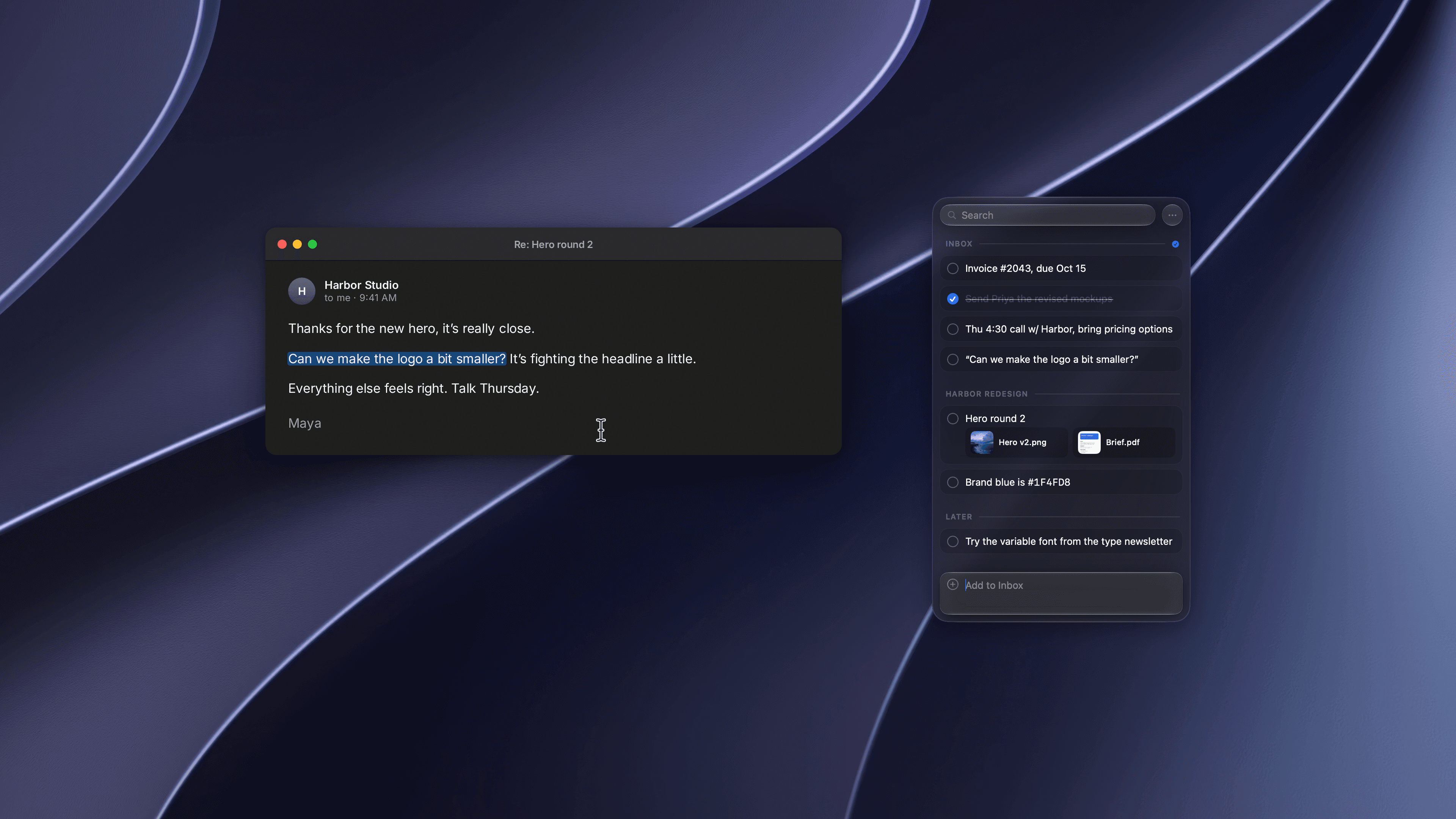 An email with one sentence selected, and the same sentence saved at the bottom of the Pixph Inbox, in dark appearance over a dark abstract wallpaper