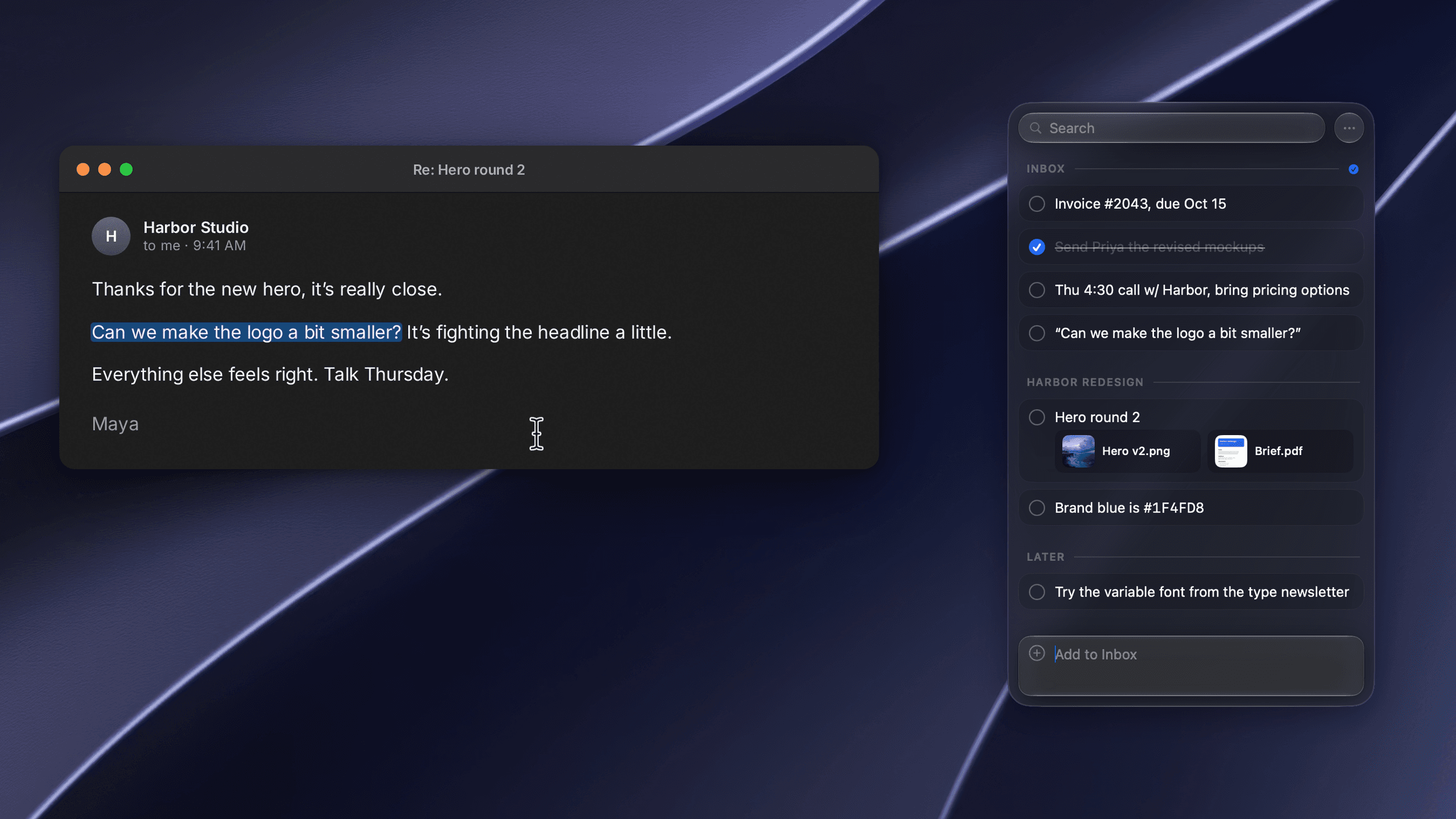 A sentence selected in an email and captured in the Pixph panel, dark appearance