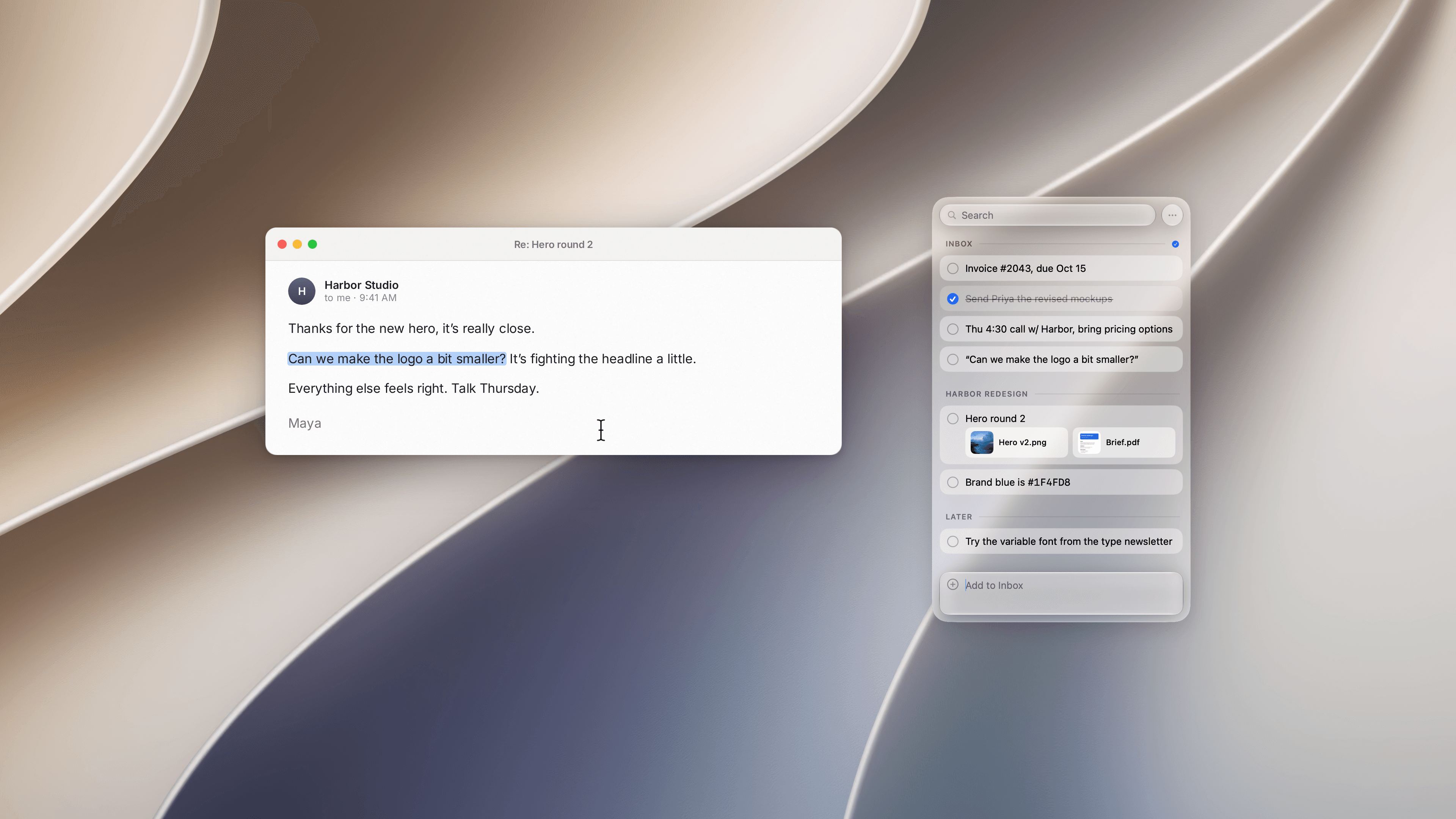 An email with one sentence selected, and the same sentence saved at the bottom of the Pixph Inbox, in light appearance over a light abstract wallpaper