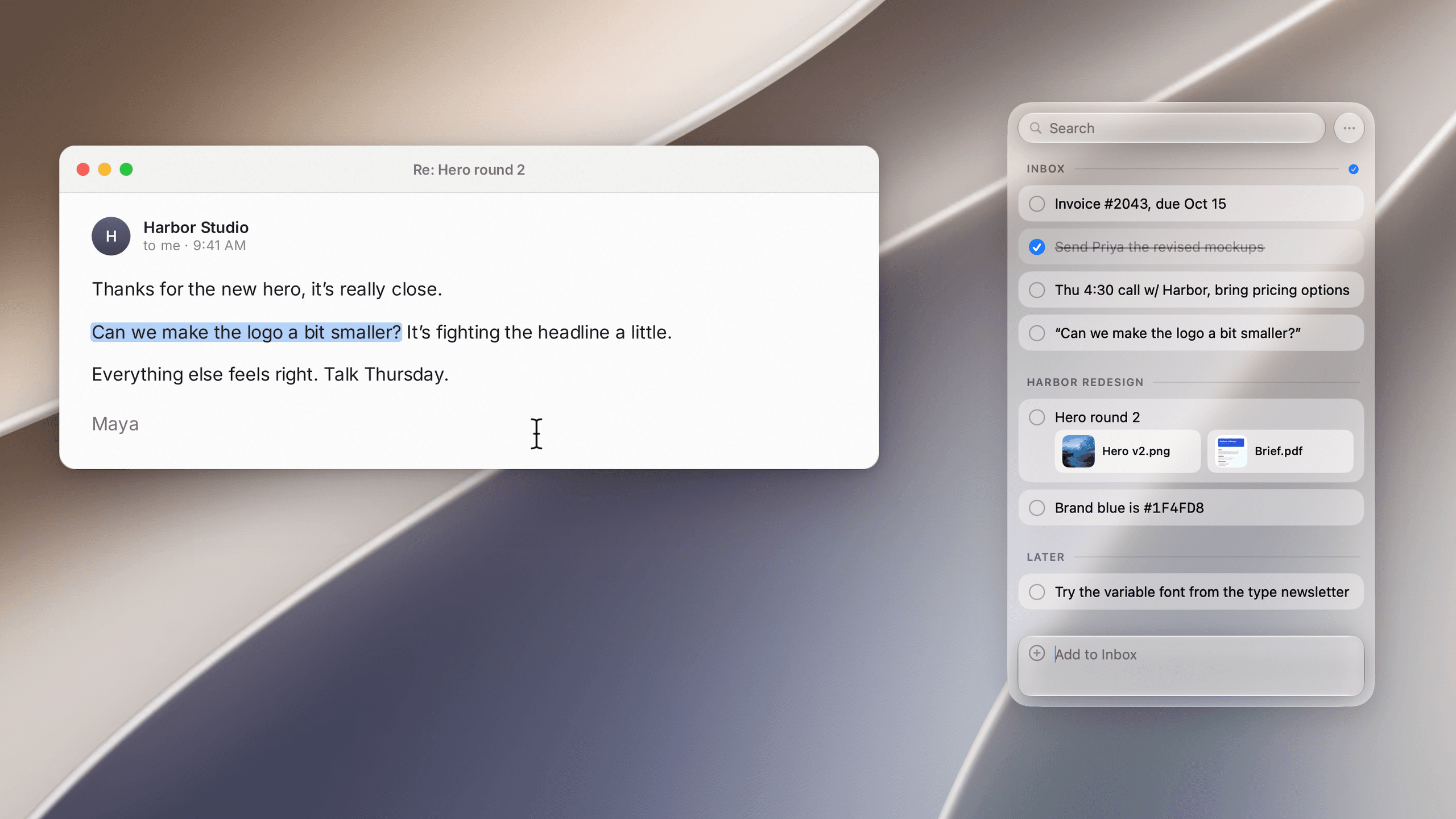 A sentence selected in an email and captured in the Pixph panel, light appearance