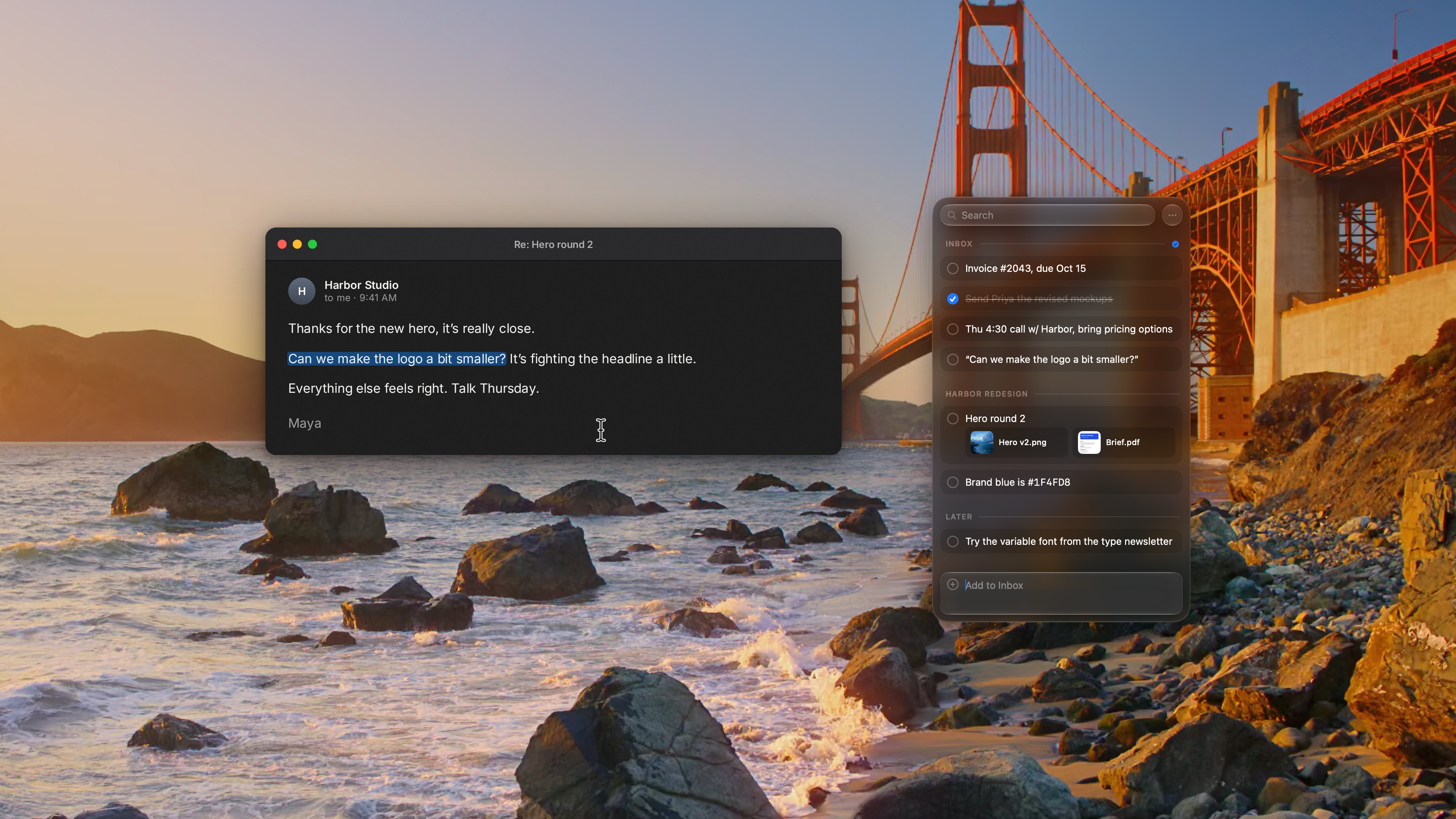 An email with one sentence selected, and the same sentence saved at the bottom of the Pixph Inbox, in dark appearance over the Golden Gate photo