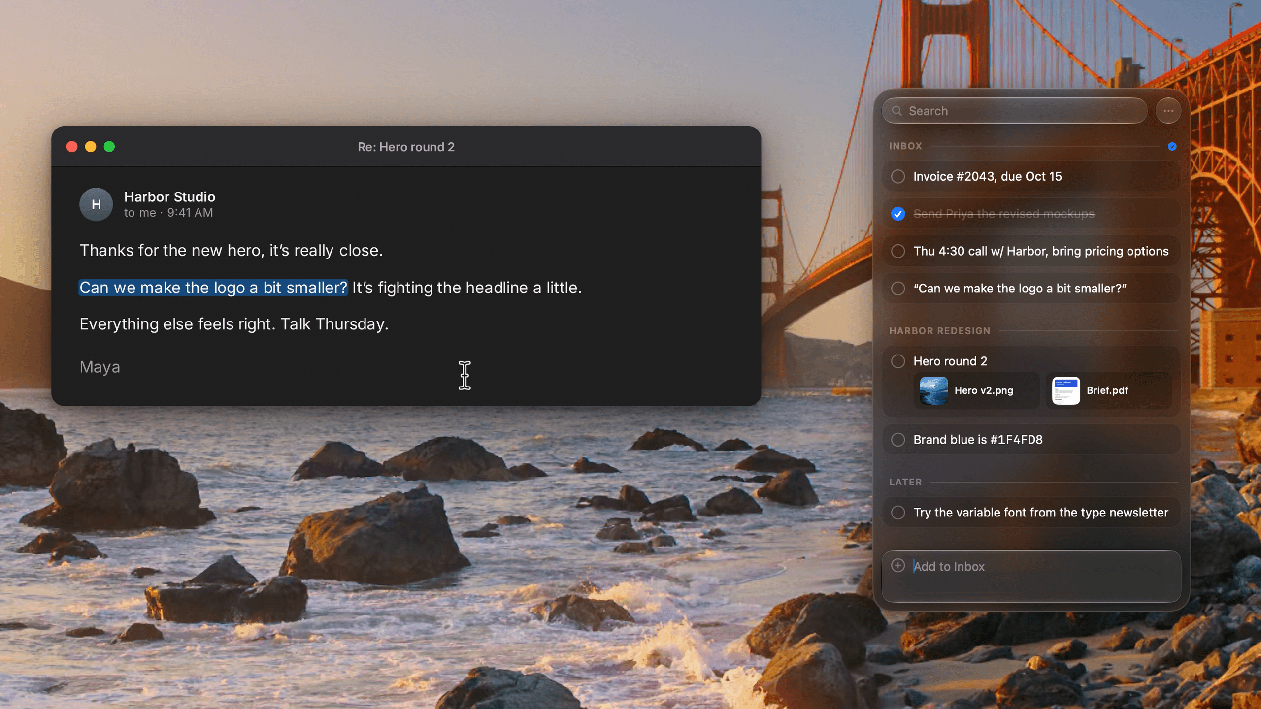 An email with one sentence selected, and the same sentence saved at the bottom of the Pixph Inbox, in dark appearance over the Golden Gate photo, close-up