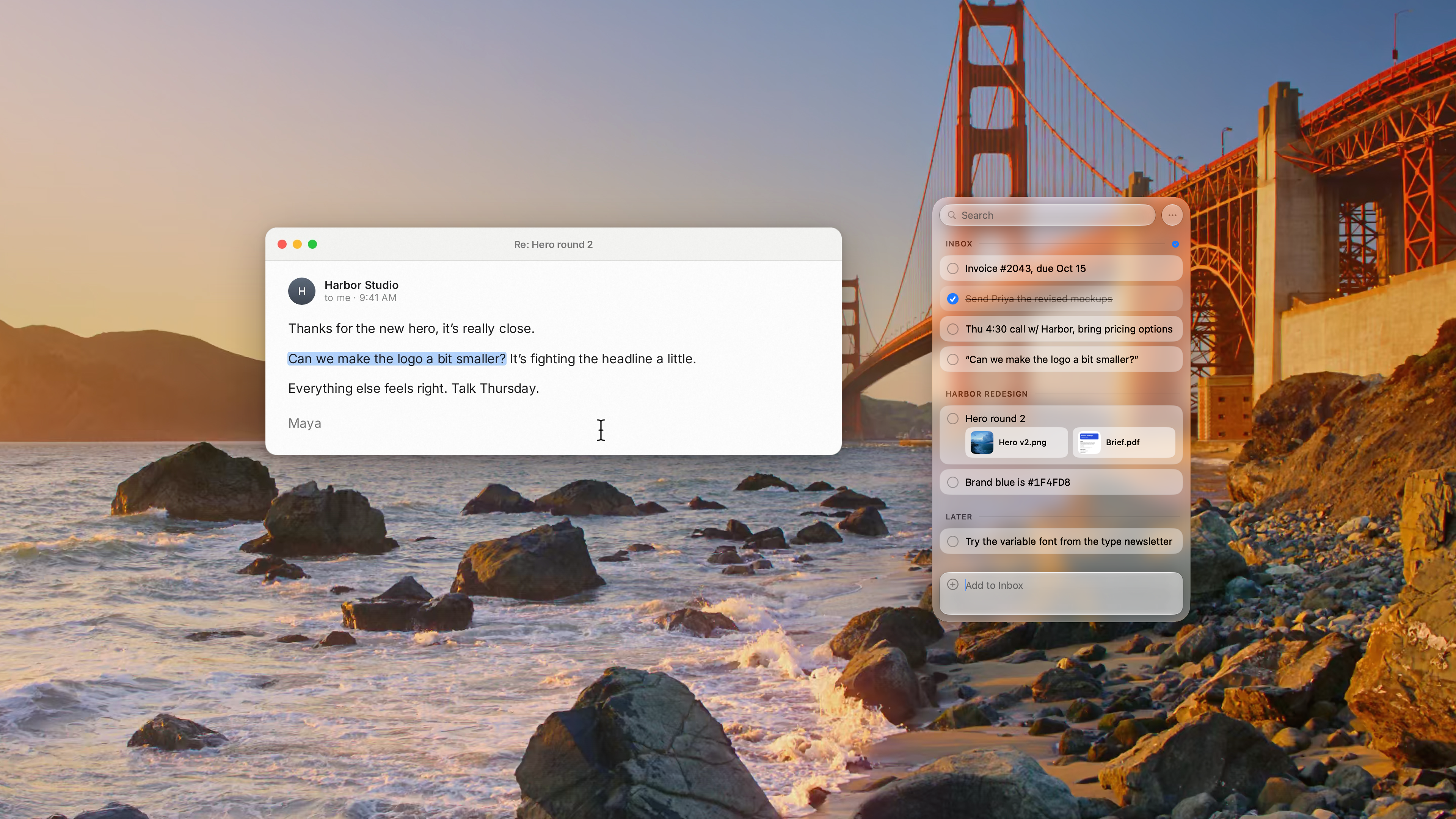 An email with one sentence selected, and the same sentence saved at the bottom of the Pixph Inbox, in light appearance over the Golden Gate photo