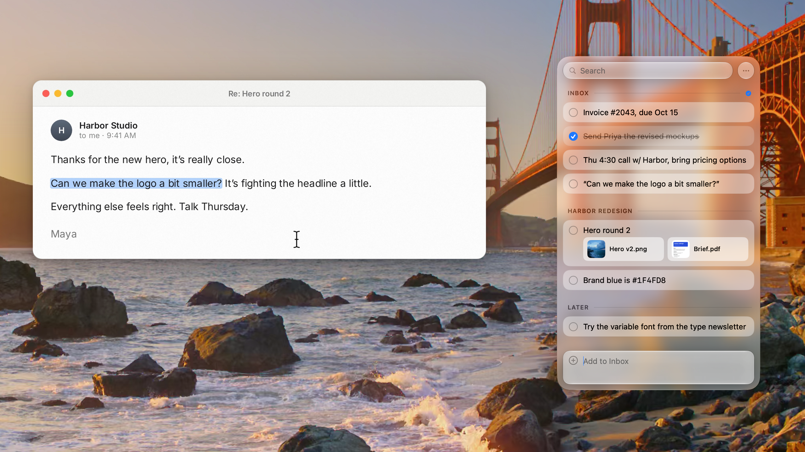 An email with one sentence selected, and the same sentence saved at the bottom of the Pixph Inbox, in light appearance over the Golden Gate photo, close-up