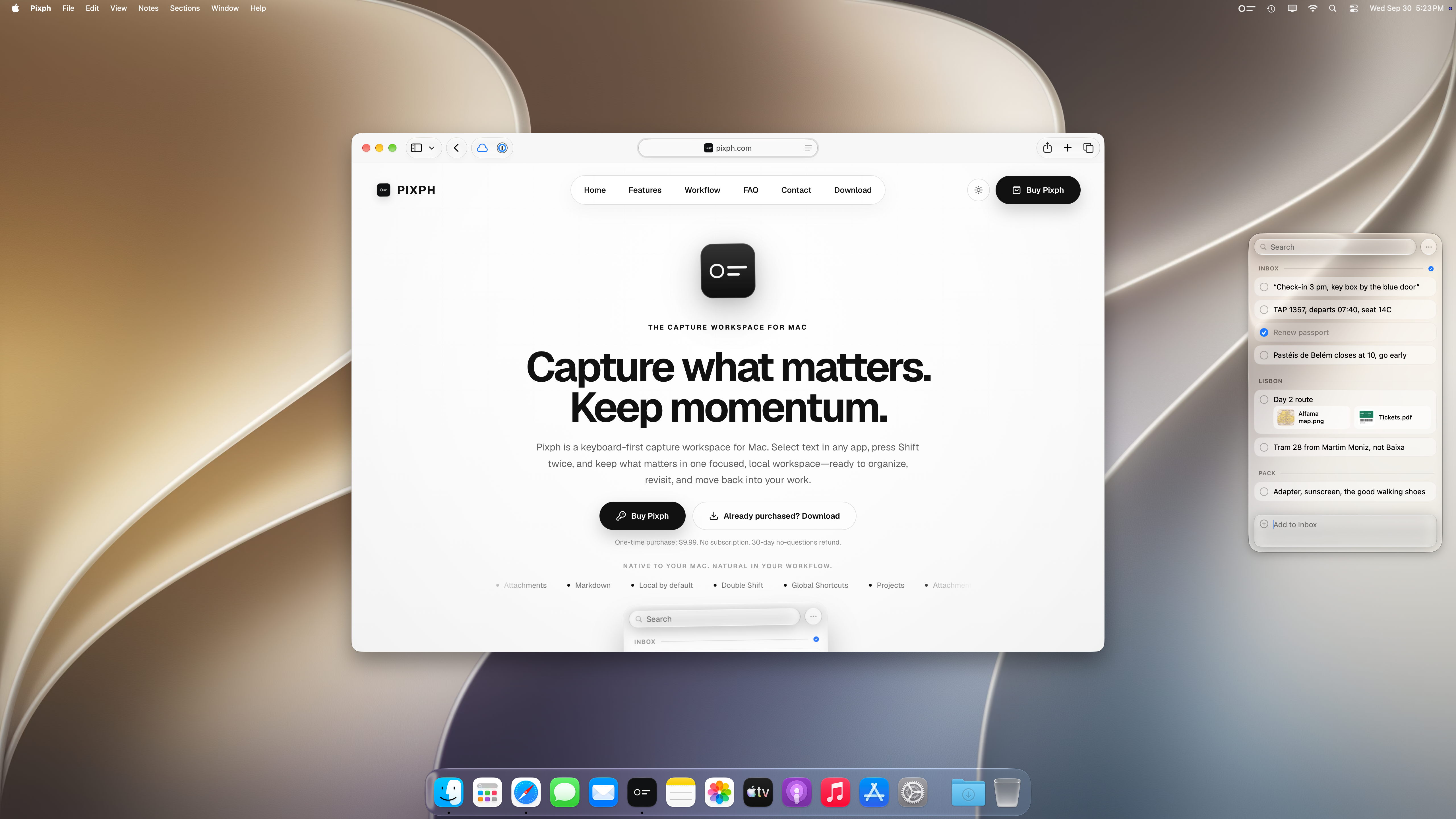 A Mac desktop with a light abstract wallpaper, Safari showing pixph.com and the Pixph capture panel open