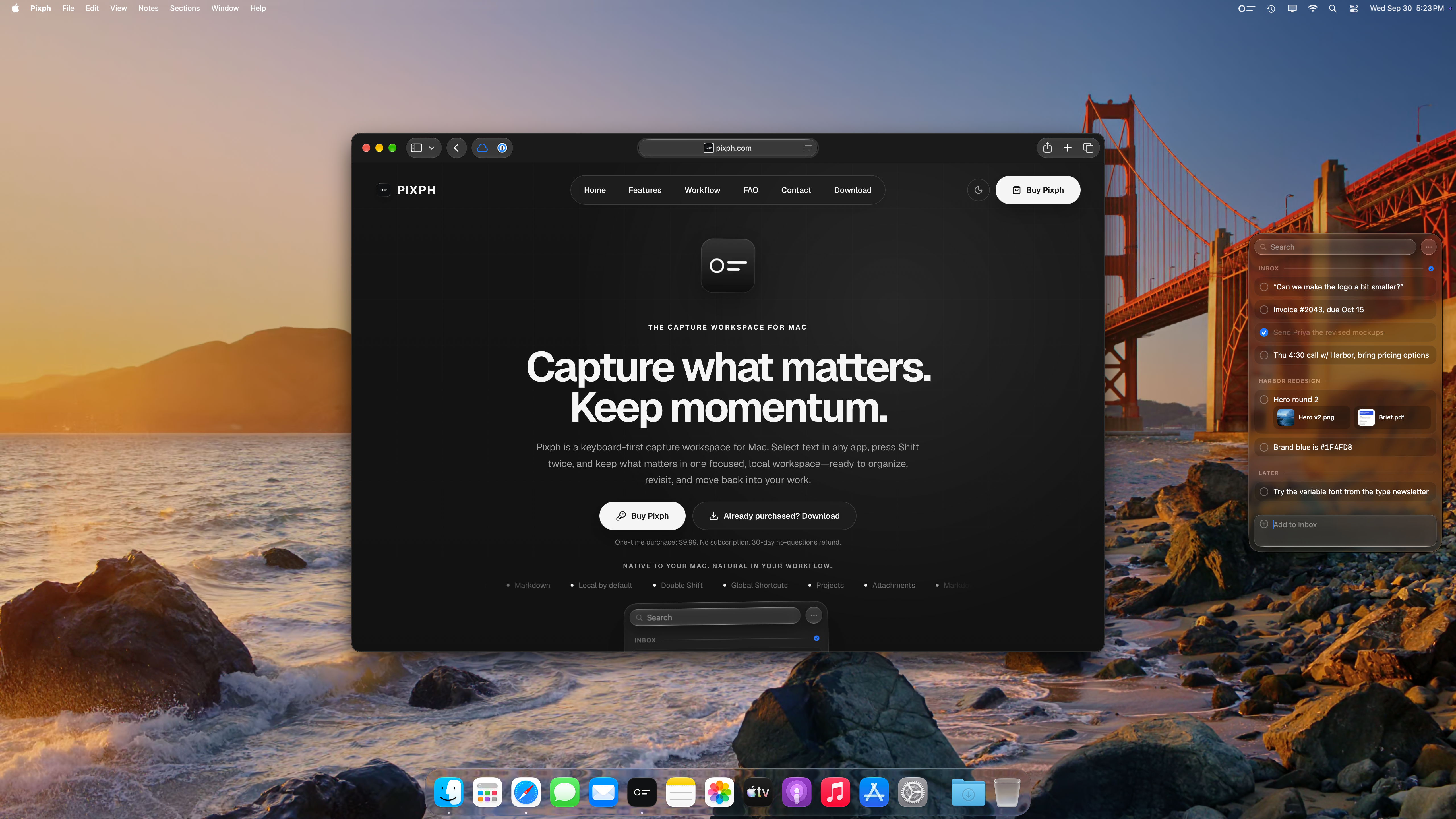 A Mac desktop in dark appearance with Safari showing pixph.com and the Pixph capture panel open