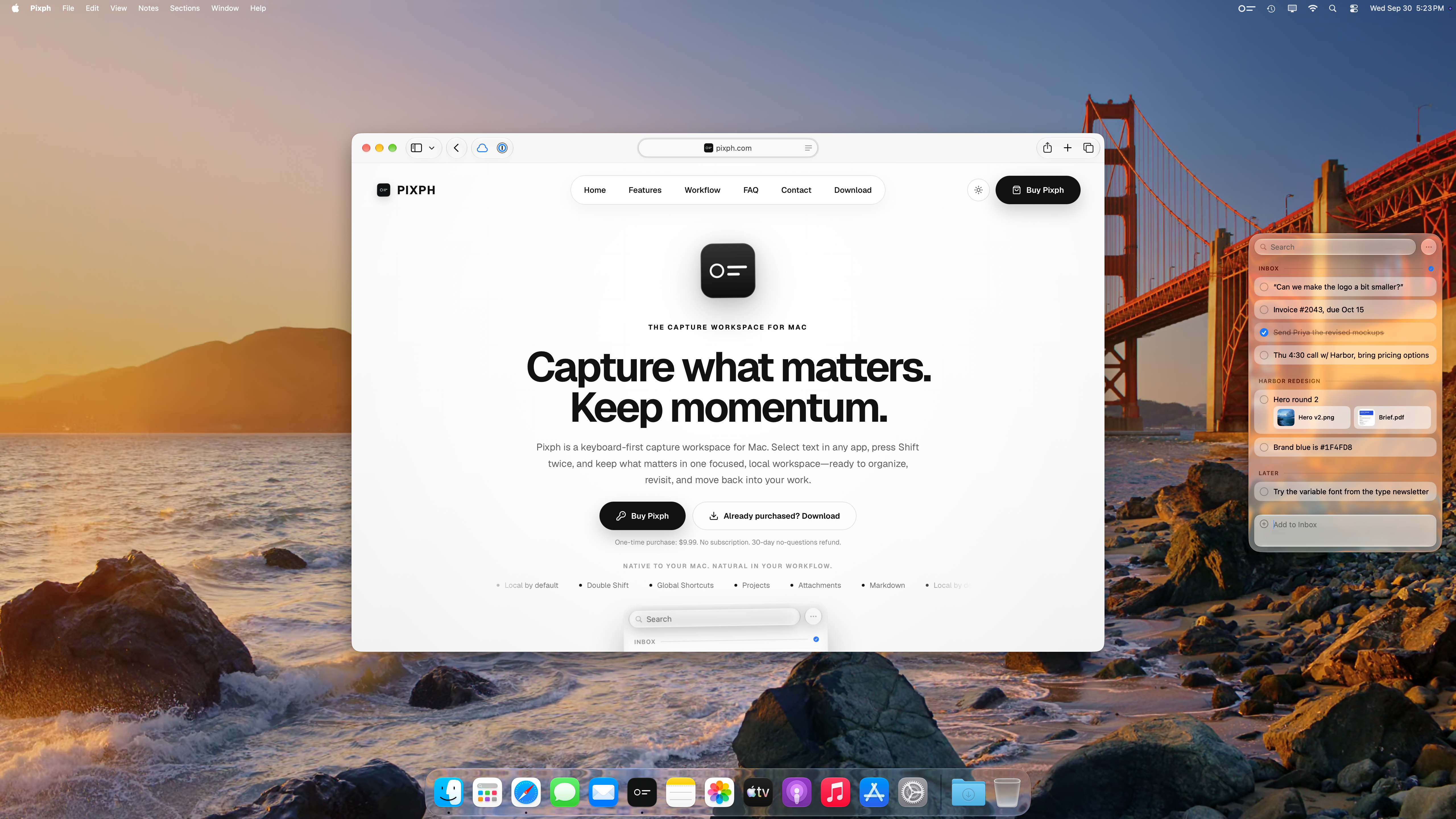A Mac desktop with the Golden Gate wallpaper, Safari showing pixph.com and the Pixph capture panel open