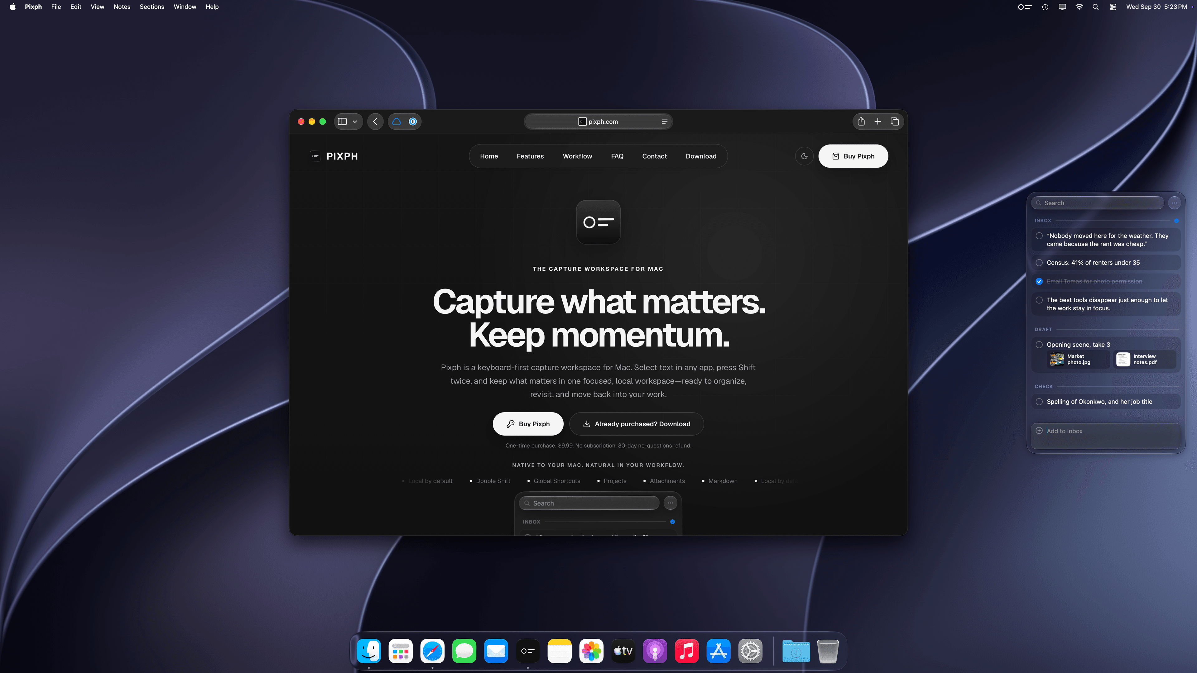 A Mac desktop in dark appearance with a dark abstract wallpaper, Safari showing pixph.com and the Pixph capture panel open