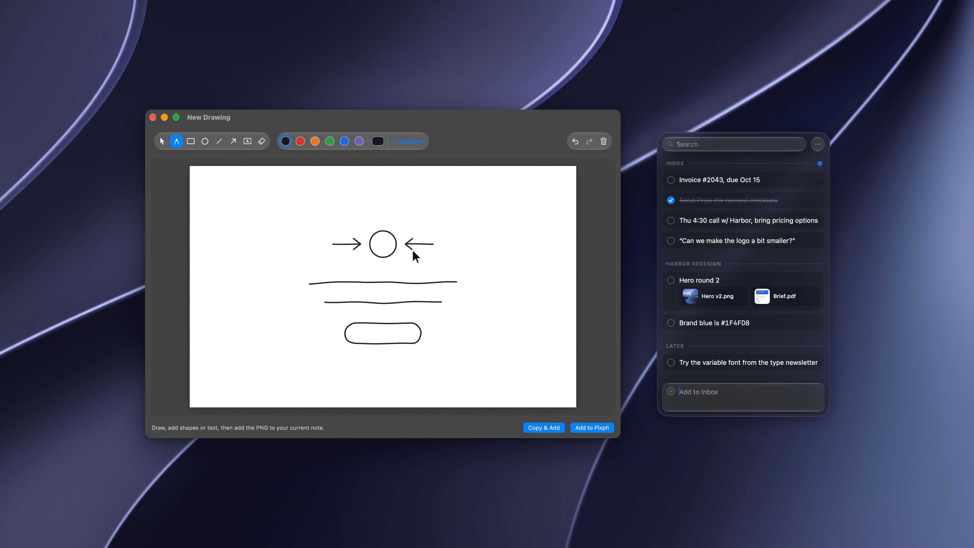 The Pixph drawing editor with a finished sketch next to the Pixph panel, in dark appearance over a dark abstract wallpaper