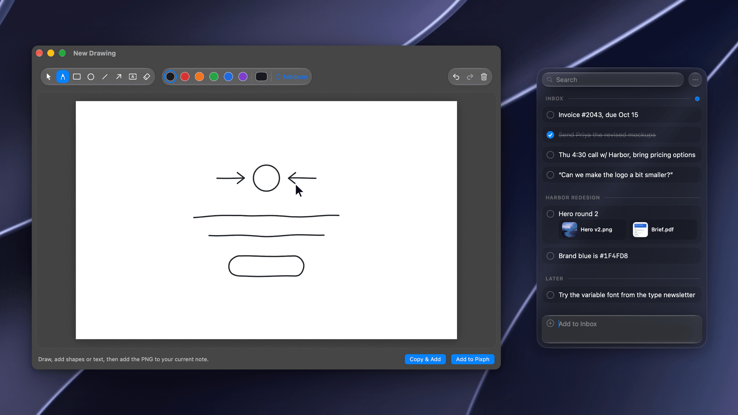 The Pixph drawing editor with a finished sketch next to the Pixph panel, in dark appearance over a dark abstract wallpaper, close-up