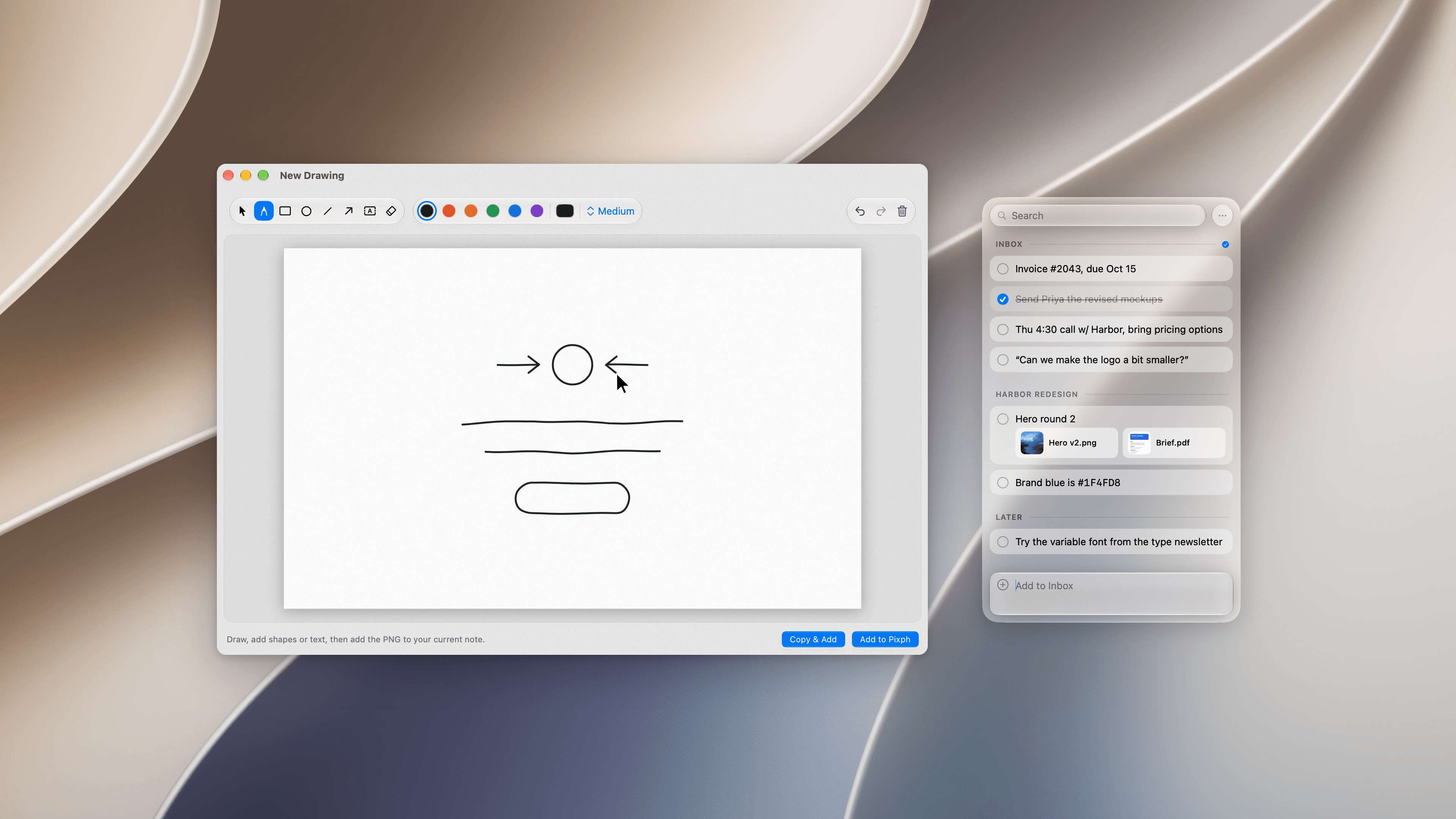 The Pixph drawing editor with a finished sketch next to the Pixph panel, in light appearance over a light abstract wallpaper