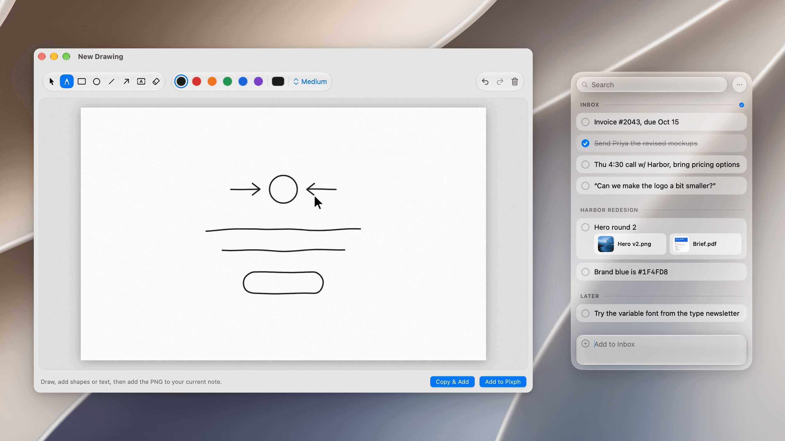 The Pixph drawing editor with a finished sketch next to the Pixph panel, in light appearance over a light abstract wallpaper, close-up
