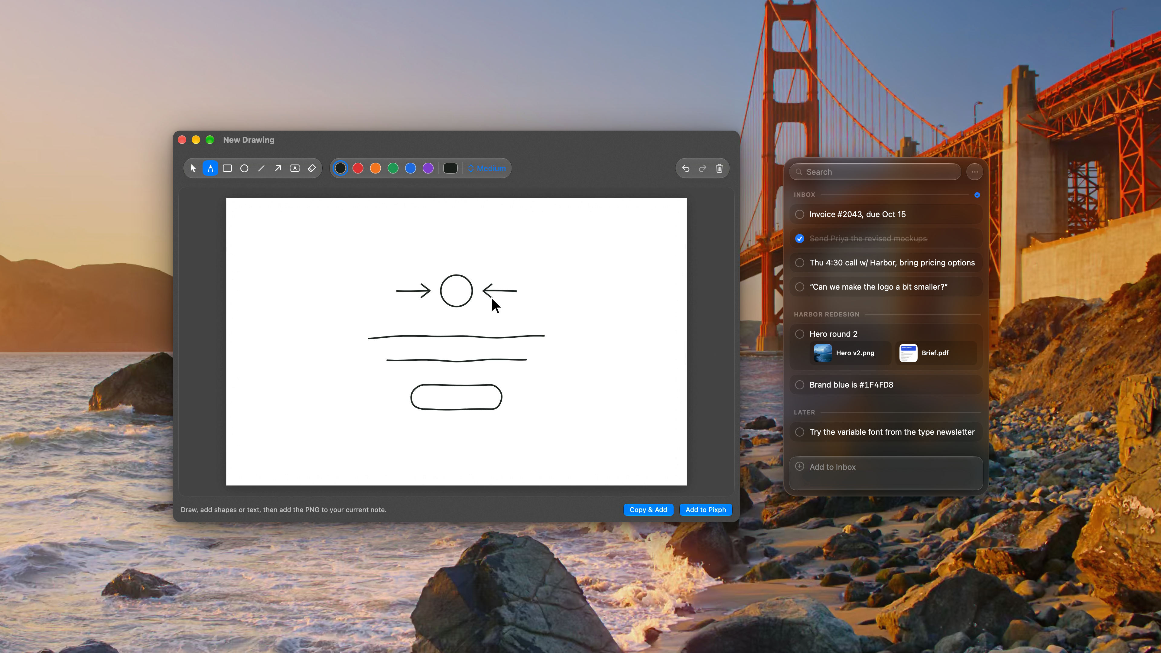 The Pixph drawing editor with a finished sketch next to the Pixph panel, in dark appearance over the Golden Gate photo