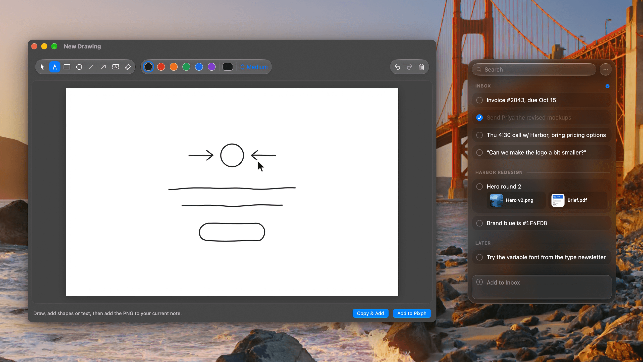 Pixph drawing editor with a finished sketch beside the capture panel, dark appearance