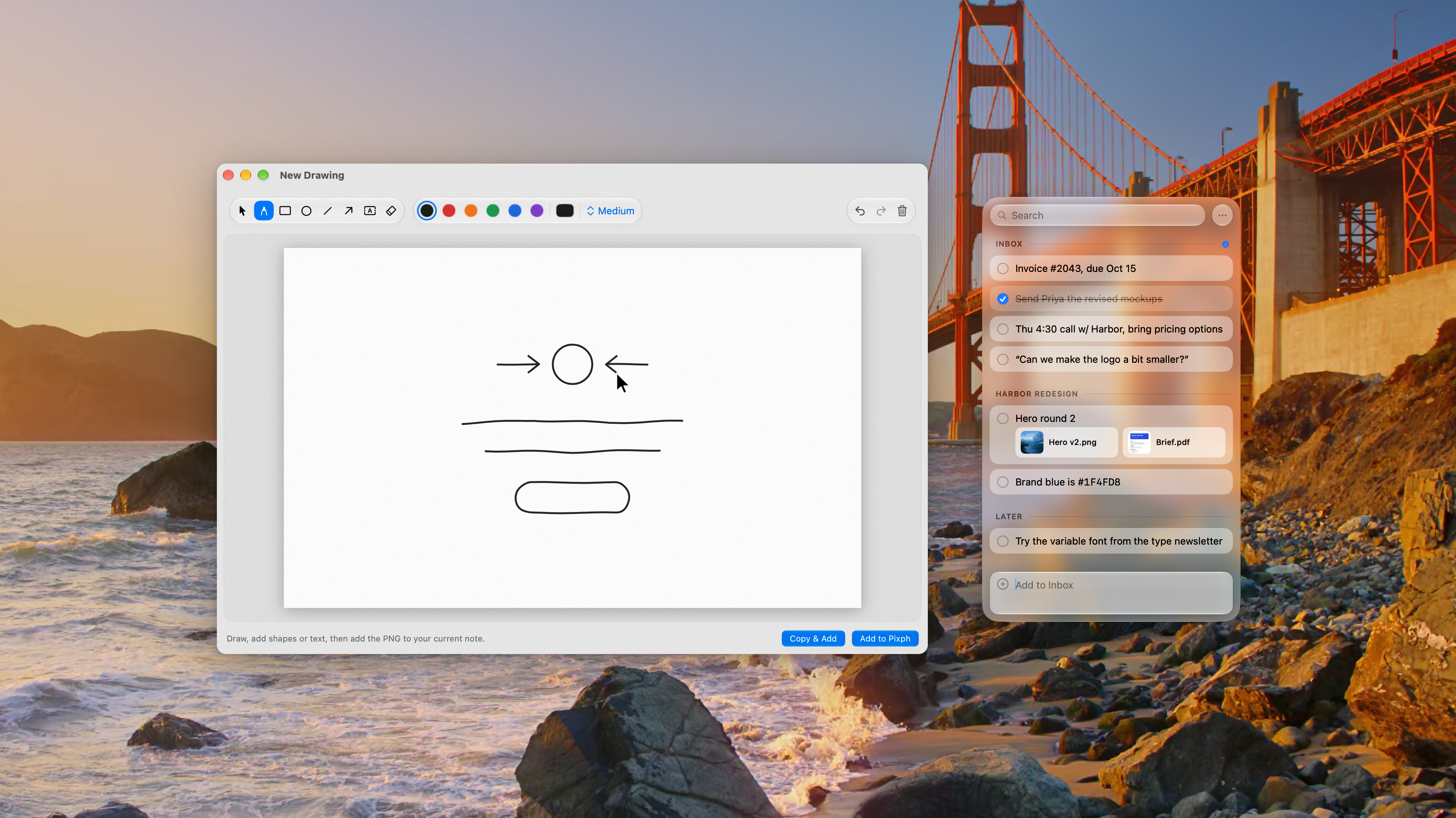 The Pixph drawing editor with a finished sketch next to the Pixph panel, in light appearance over the Golden Gate photo