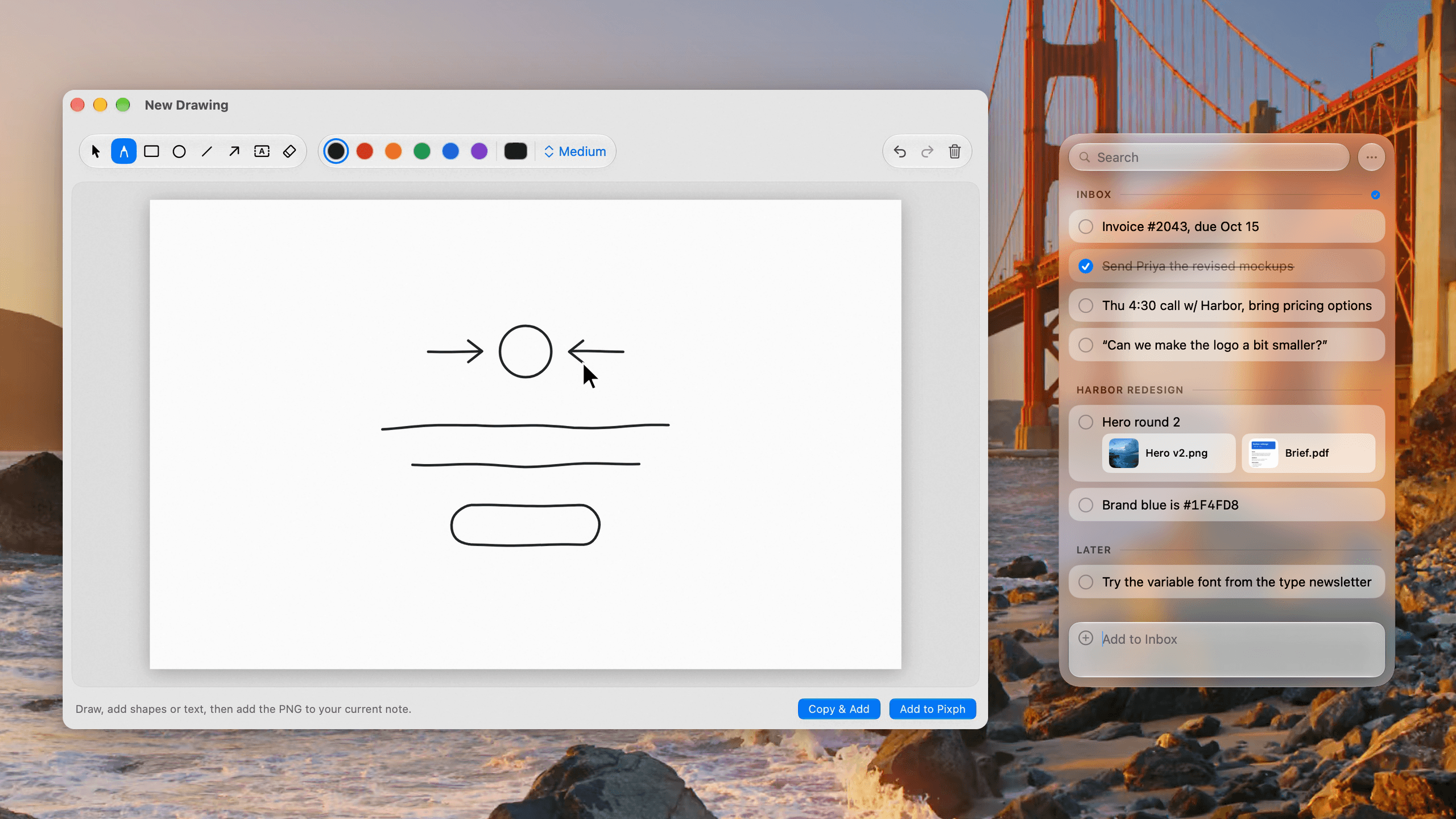 Pixph drawing editor with a finished sketch beside the capture panel, light appearance