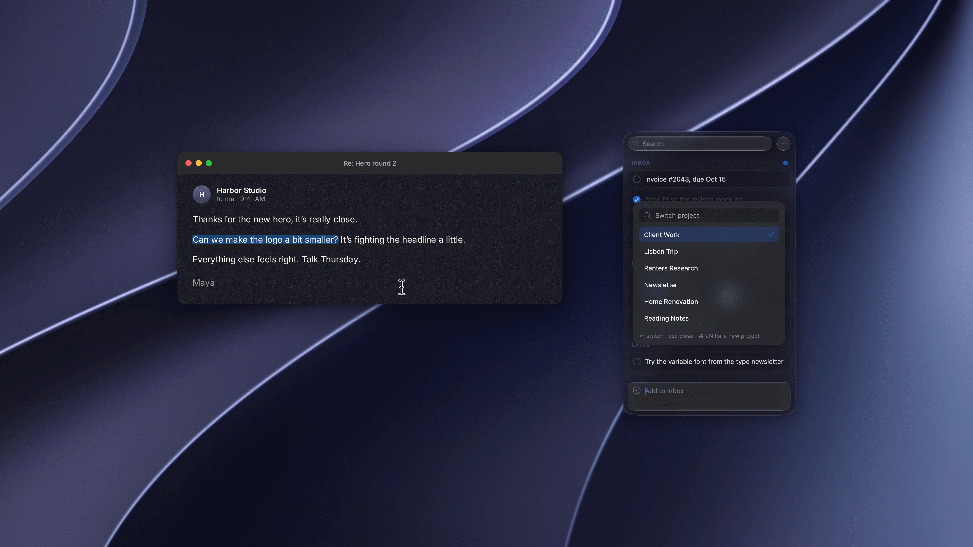 The Pixph project switcher open over the panel with demo projects, in dark appearance over a dark abstract wallpaper