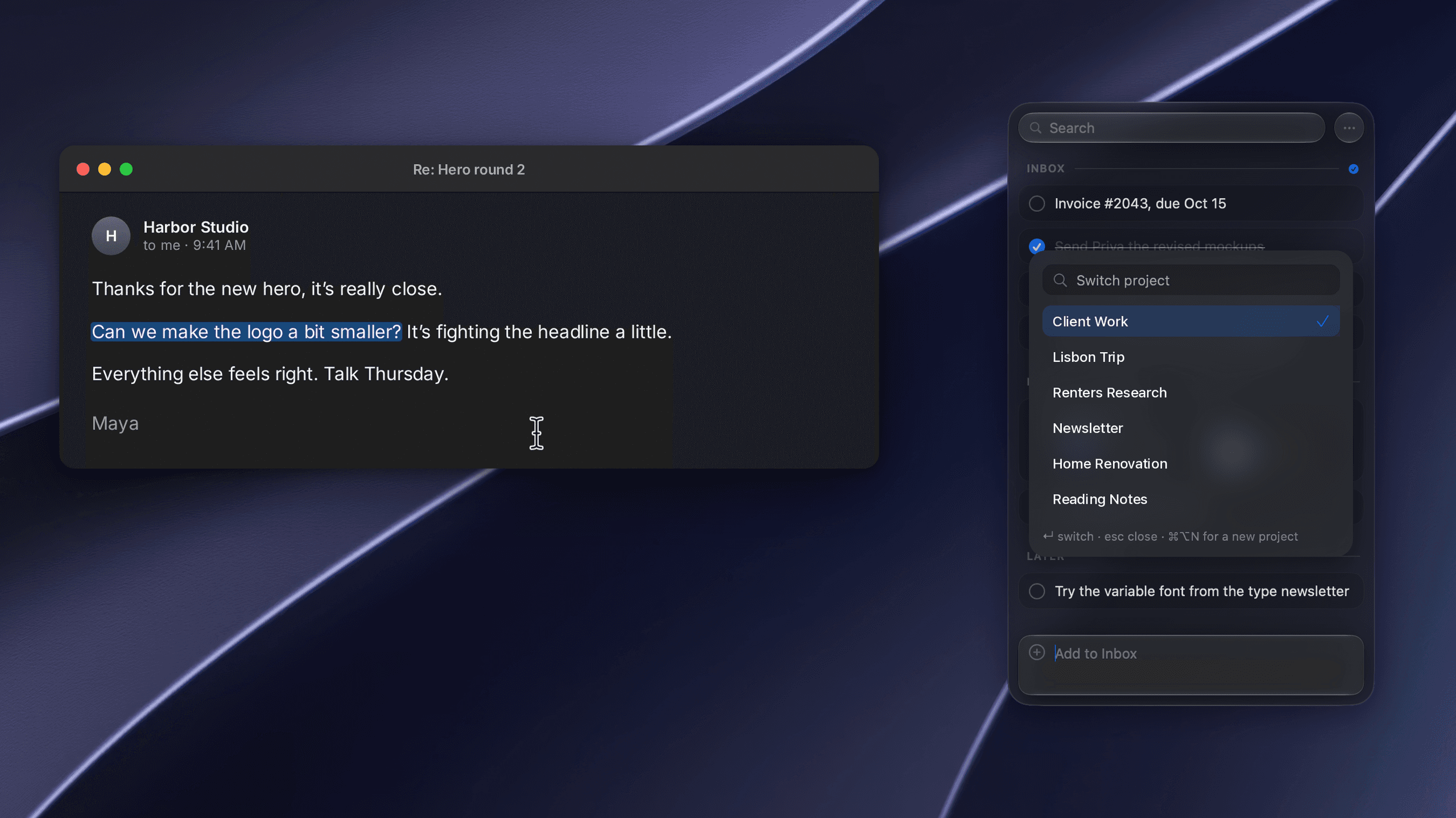 Pixph project switcher open over the capture panel, dark appearance