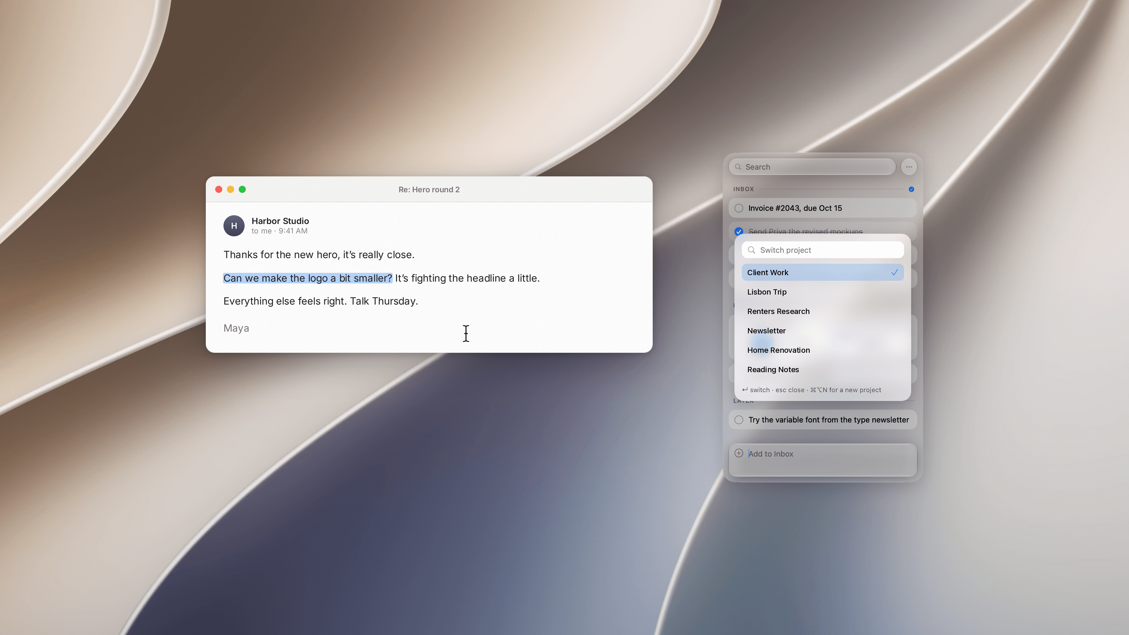 The Pixph project switcher open over the panel with demo projects, in light appearance over a light abstract wallpaper