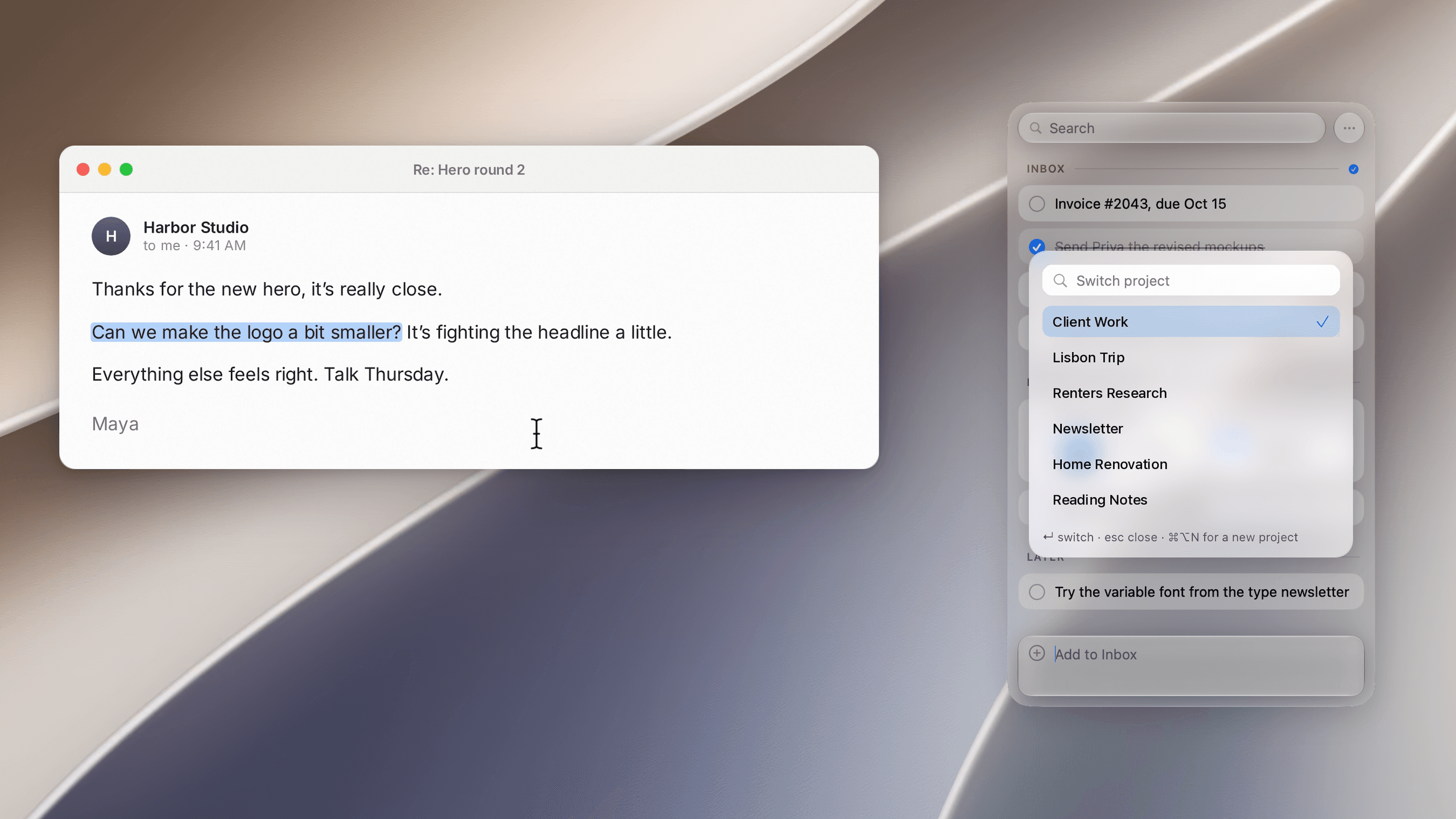 Pixph project switcher open over the capture panel, light appearance