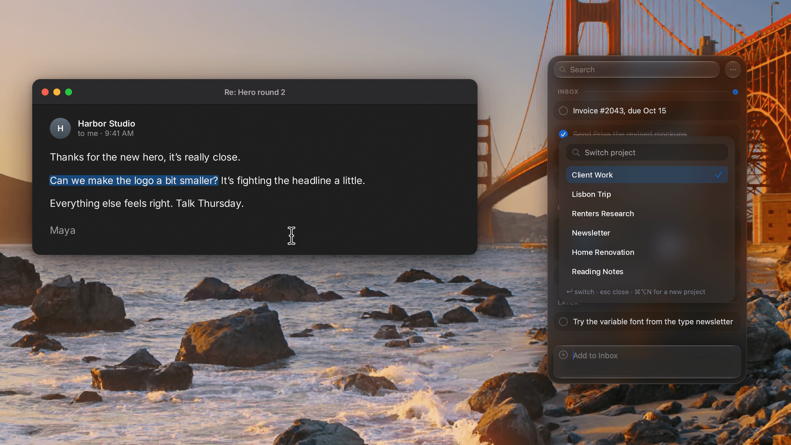 The Pixph project switcher open over the panel with demo projects, in dark appearance over the Golden Gate photo, close-up