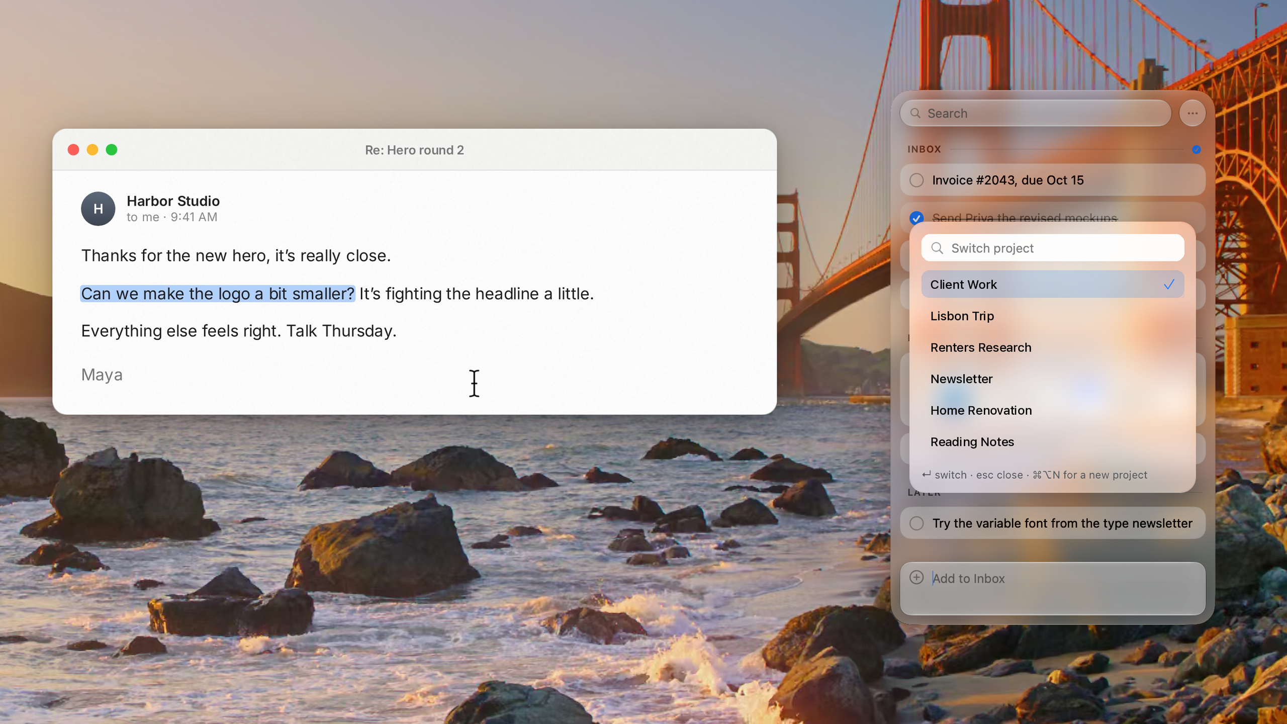 The Pixph project switcher open over the panel with demo projects, in light appearance over the Golden Gate photo, close-up