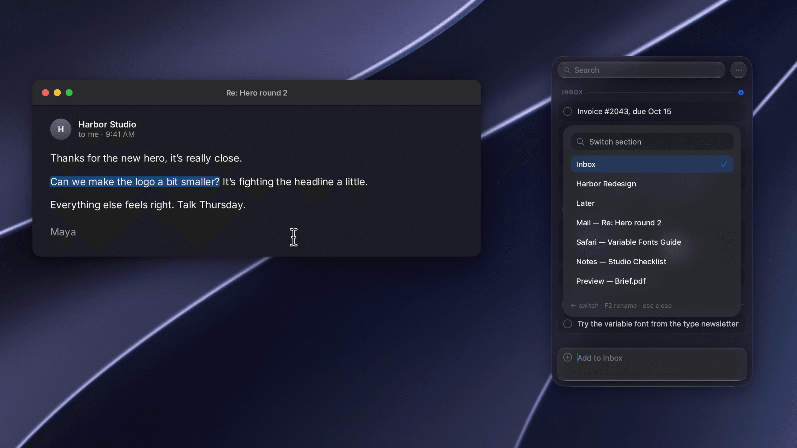 The Pixph section switcher open over the panel with demo sections, in dark appearance over a dark abstract wallpaper, close-up