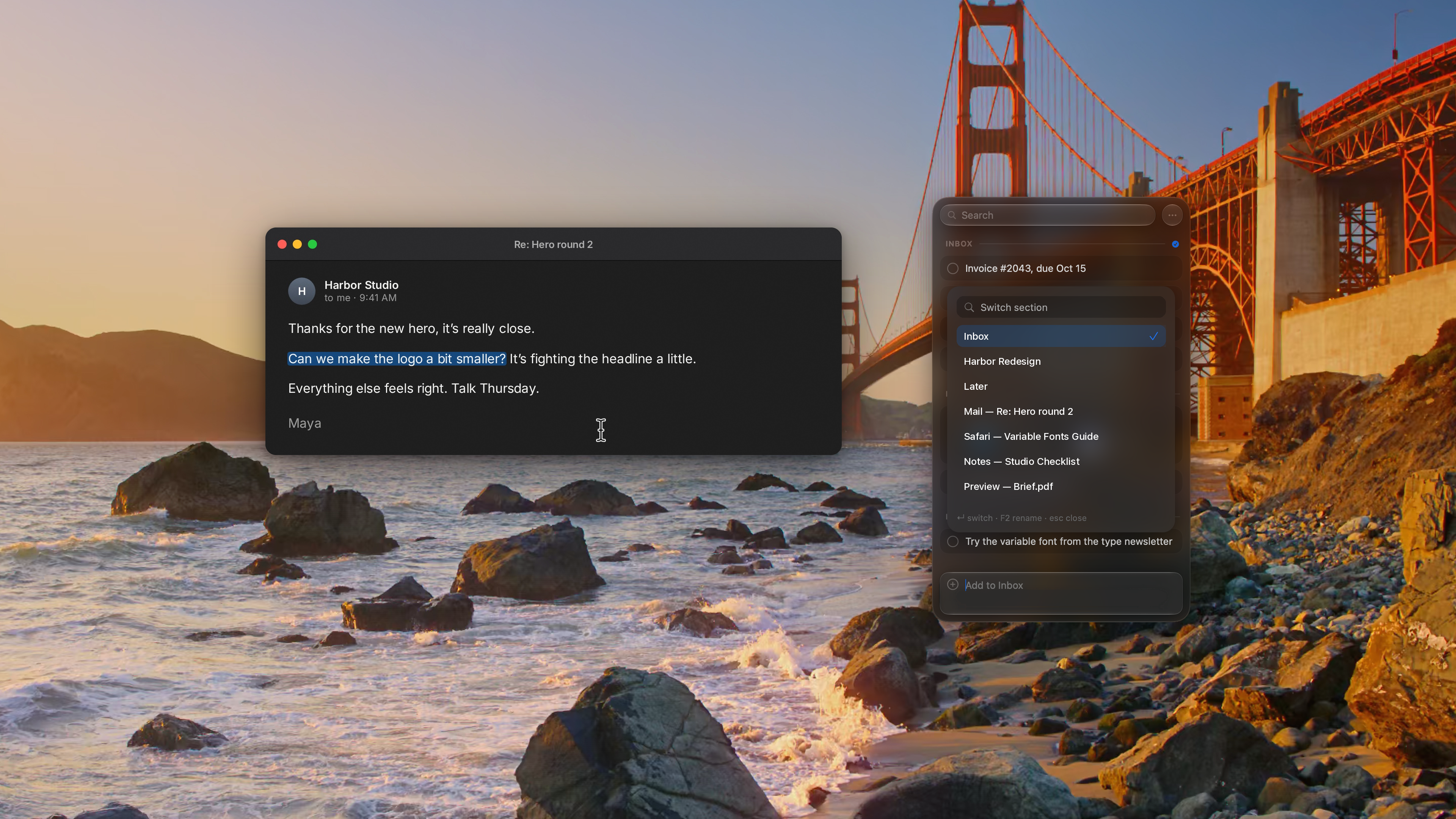 The Pixph section switcher open over the panel with demo sections, in dark appearance over the Golden Gate photo