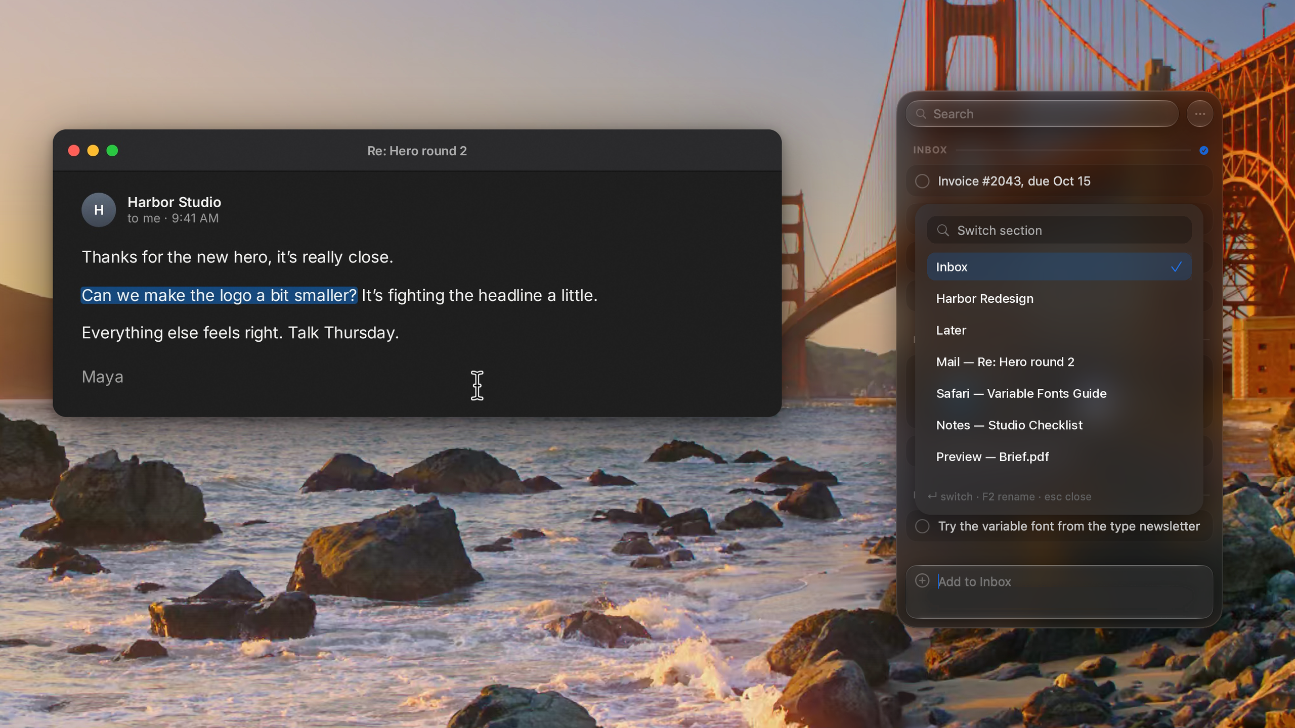 The Pixph section switcher open over the panel with demo sections, in dark appearance over the Golden Gate photo, close-up