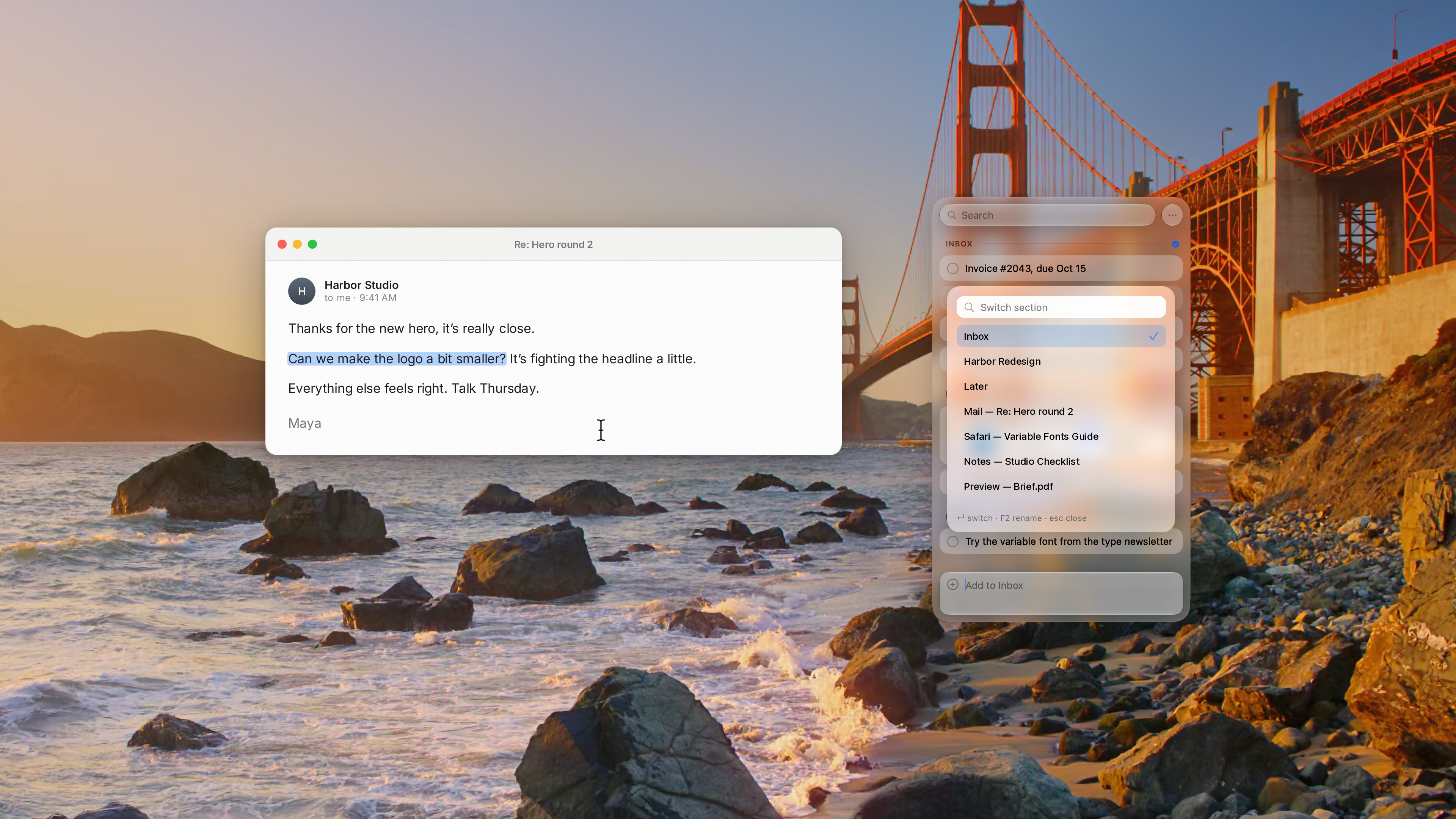The Pixph section switcher open over the panel with demo sections, in light appearance over the Golden Gate photo