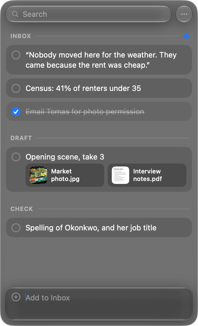 The Pixph capture panel holding a writer's notes for an article