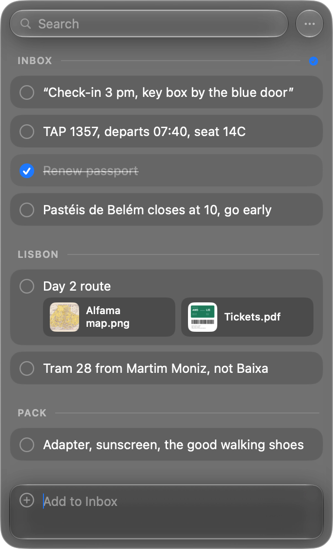 The Pixph capture panel holding notes and tickets for a trip