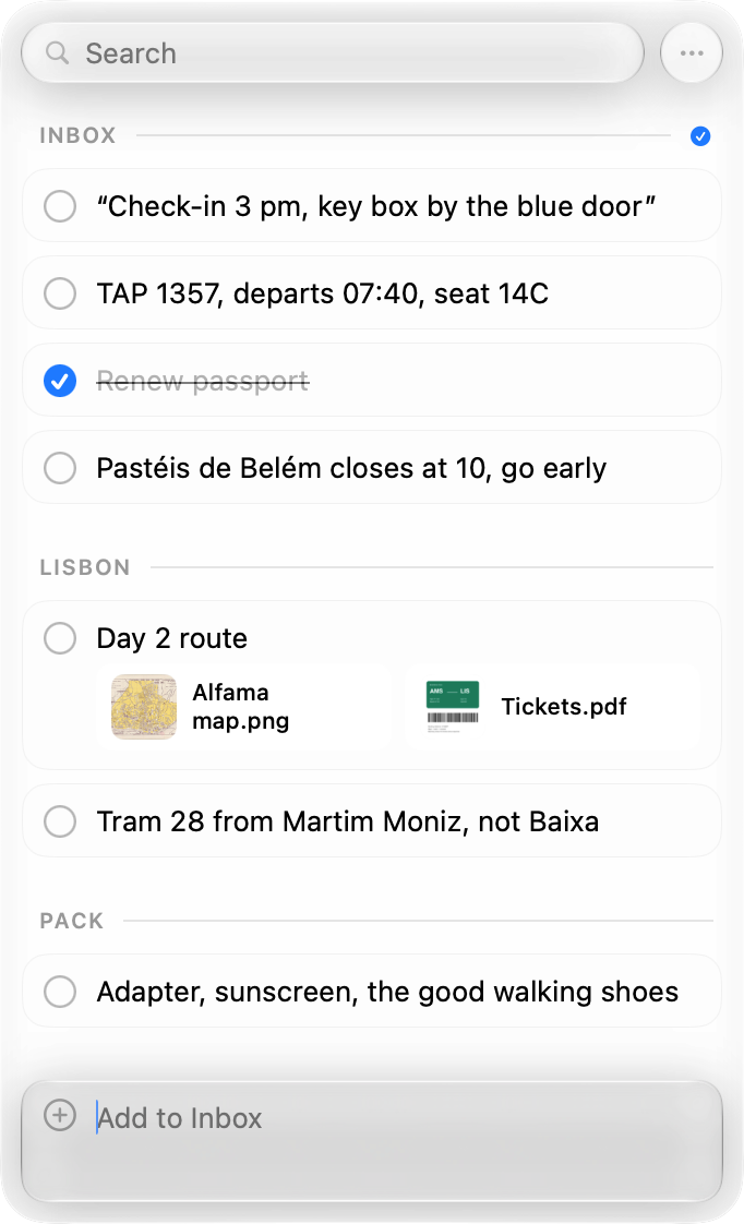 The Pixph capture panel holding notes and tickets for a trip
