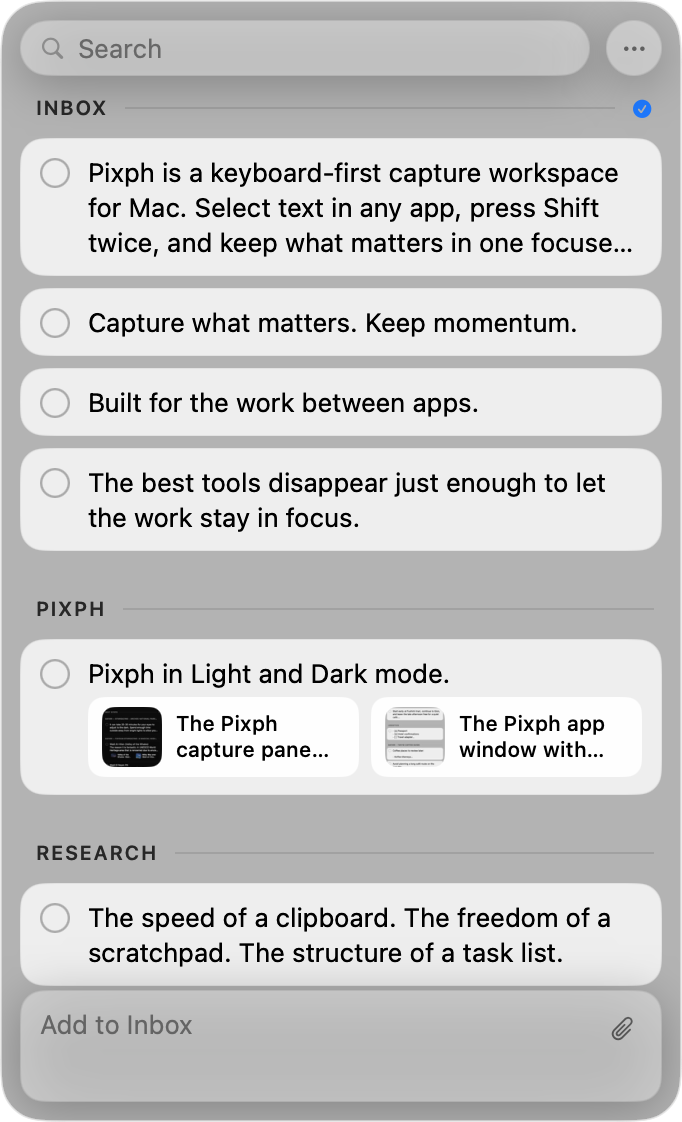 The Pixph app window with notes, attachments, and the Add to Launch composer